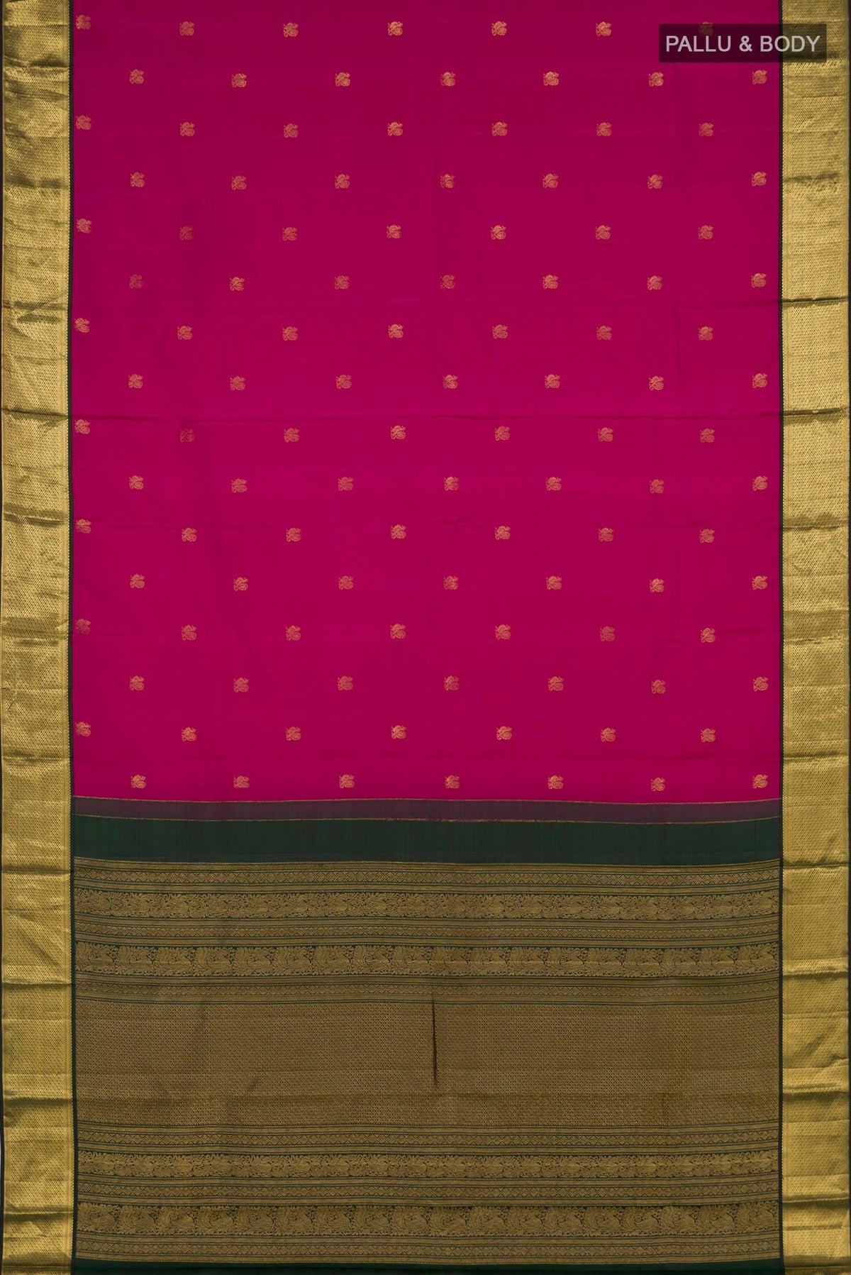 Flat view of Dark Pink Kanchipuram Silk Saree with Zari Butta on the body and Zari Border. 