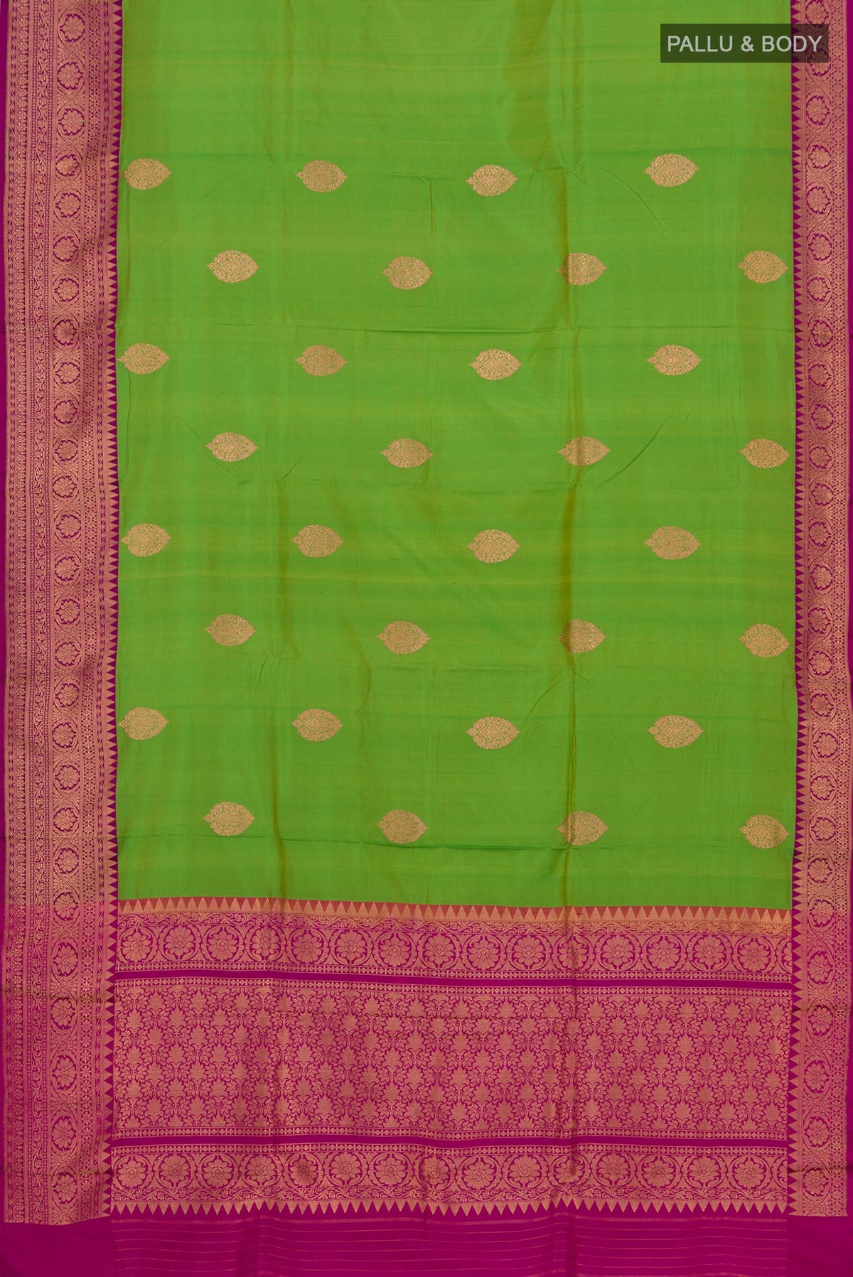 Flat view of Parrot Green Banarasi Katan Silk Saree with Zari Butta on the body and Zari Border. 
