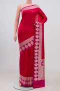 Red Banarasi Katan Silk Saree with Zari Butta on the body and Fancy Border.  displayed on a mannequin