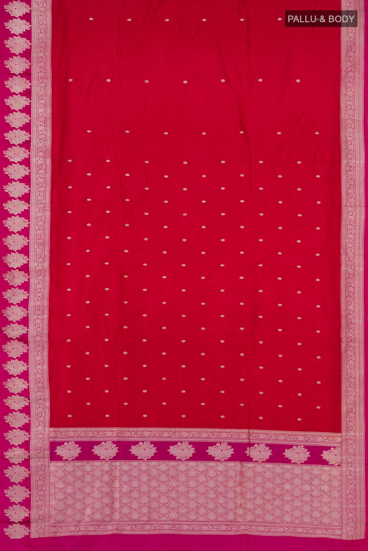 Flat view of Red Banarasi Katan Silk Saree with Zari Butta on the body and Fancy Border. 