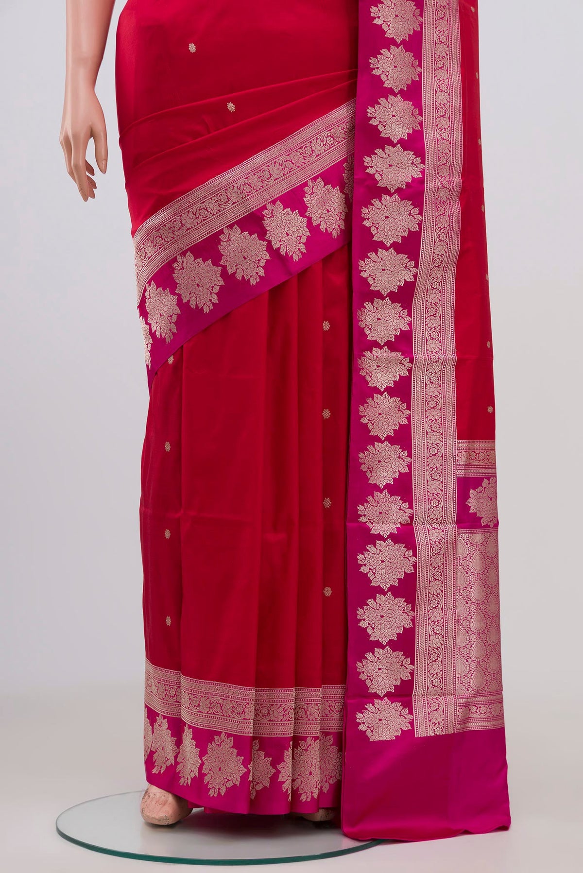 Pleats and pallu of Red Banarasi Katan Silk Saree with Zari Butta on the body and Fancy Border. 