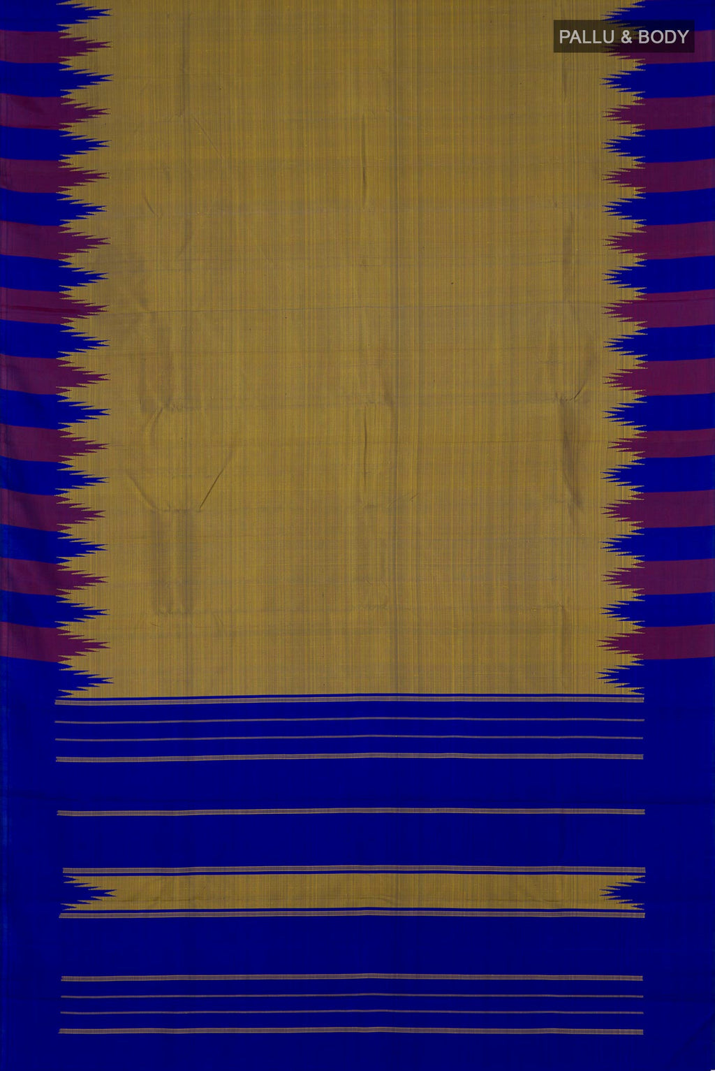 Flat view of Green Dual Tone Kanchipuram Silk Saree with Plain Body and Temple Border. 