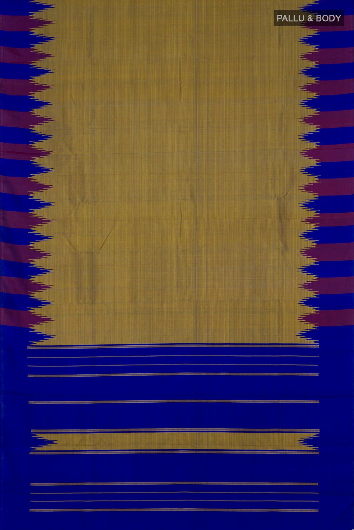 Flat view of Green Dual Tone Kanchipuram Silk Saree with Plain Body and Temple Border. 