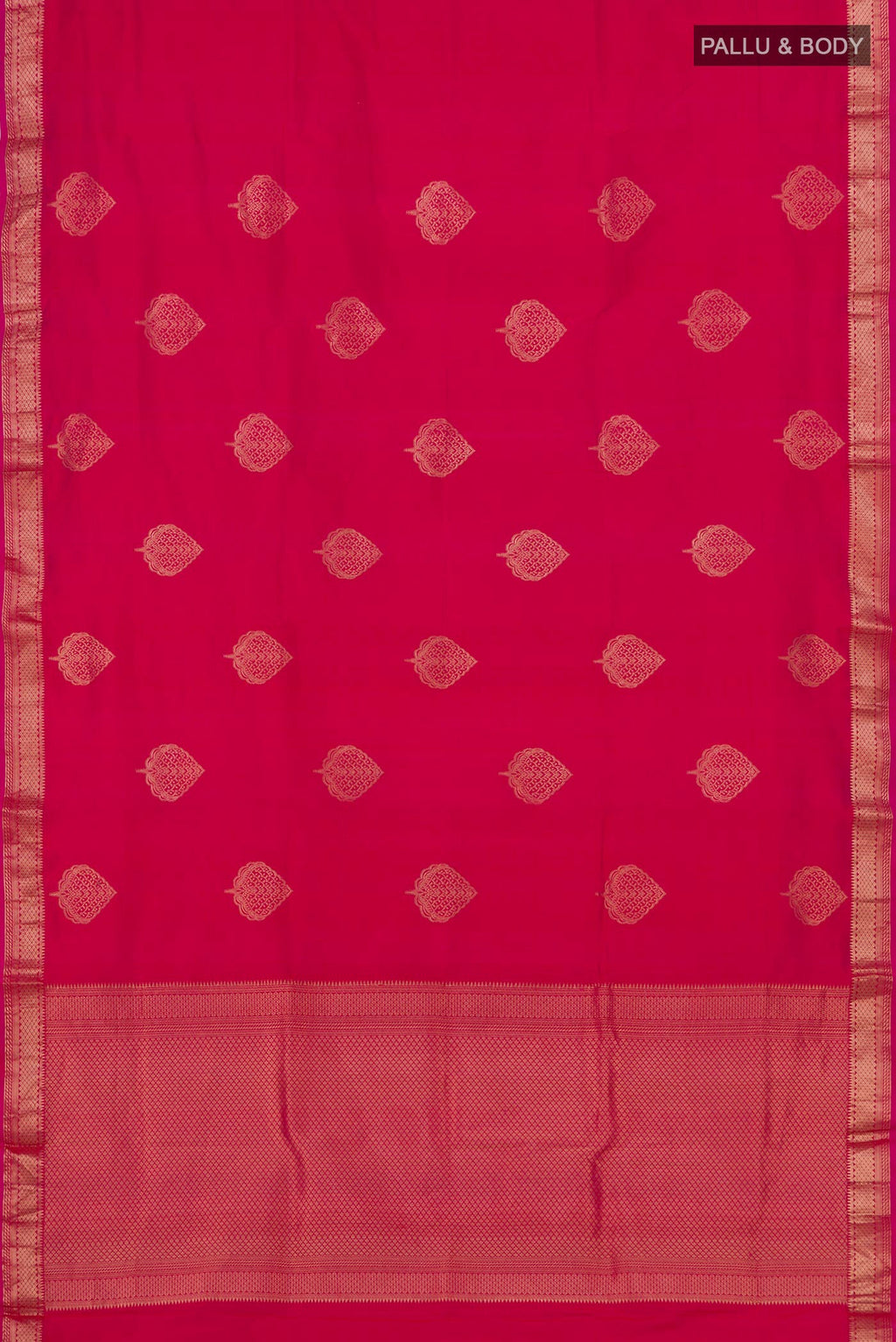 Flat view of Pink Banarasi Katan Silk Saree with Zari Butta on the body and Zari Border. 
