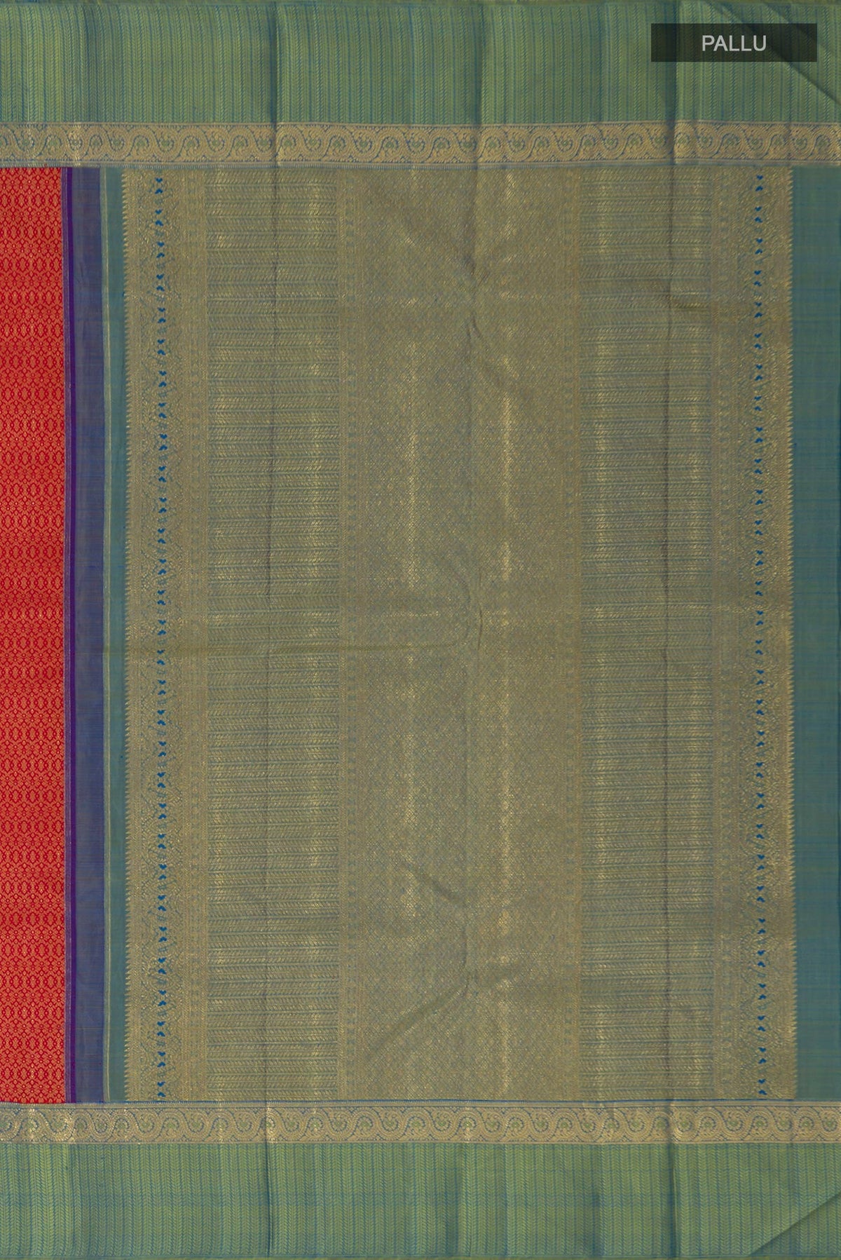 Close up image of the pallu of Pure Silk Pure Zari Red Kanchipuram Saree with Jacquard design on the body and Zari Border. 