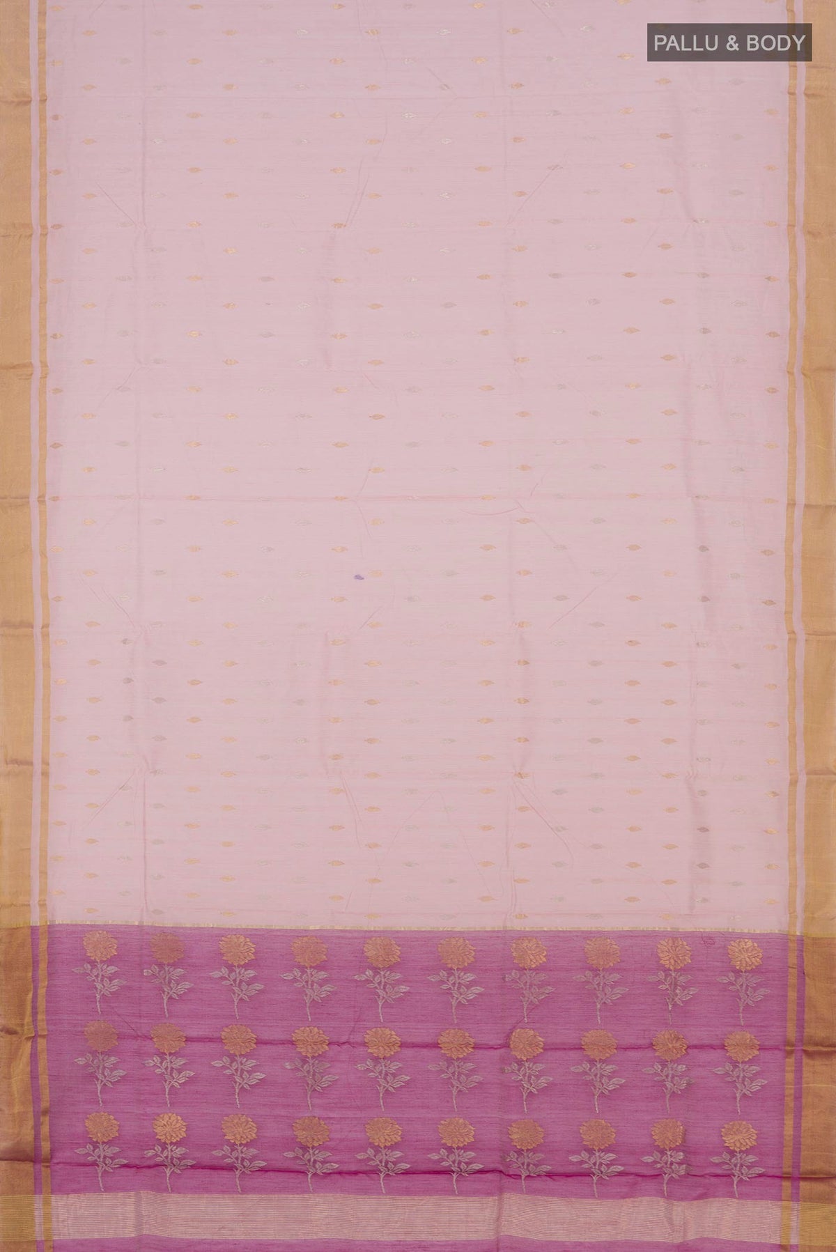 Flat view of Peach Chanderi Silk Cotton Saree with Zari Butta on the body and Zari Border. 