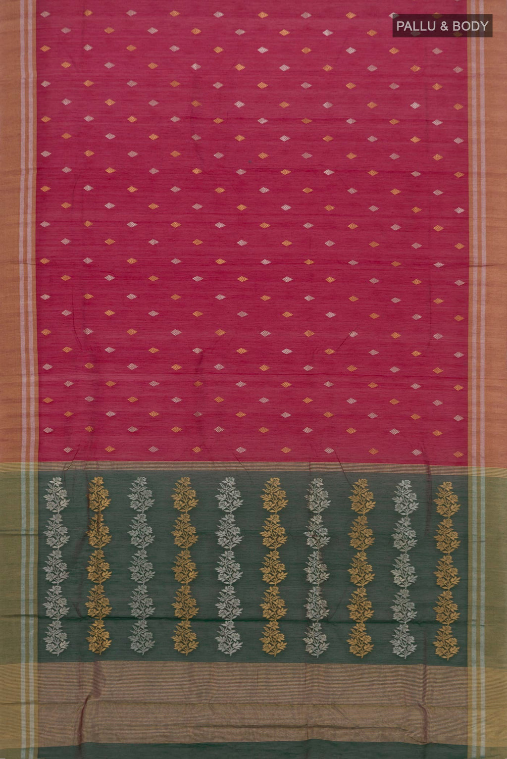 Flat view of Maroon Chanderi Silk Cotton Saree with Zari Butta on the body and Zari Border. 