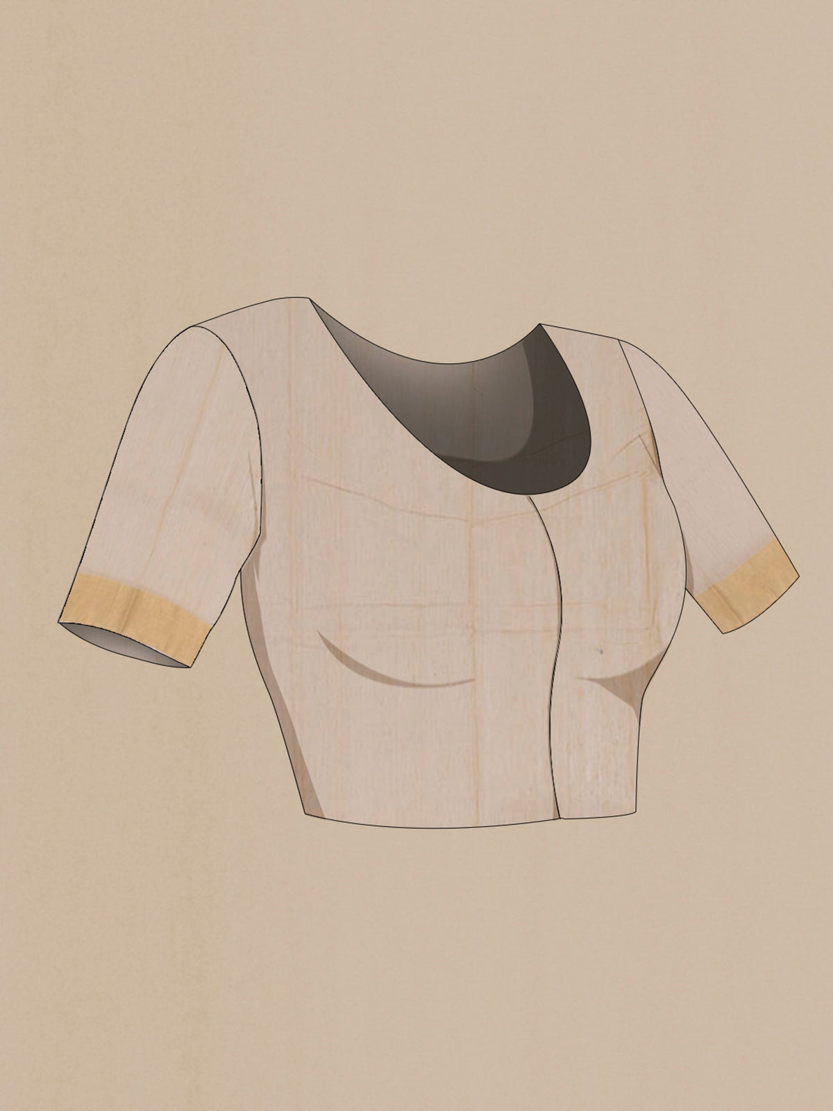 Close up image of the blouse of Beige Chanderi Silk Cotton Saree with Zari Butta on the body and Zari Border. 