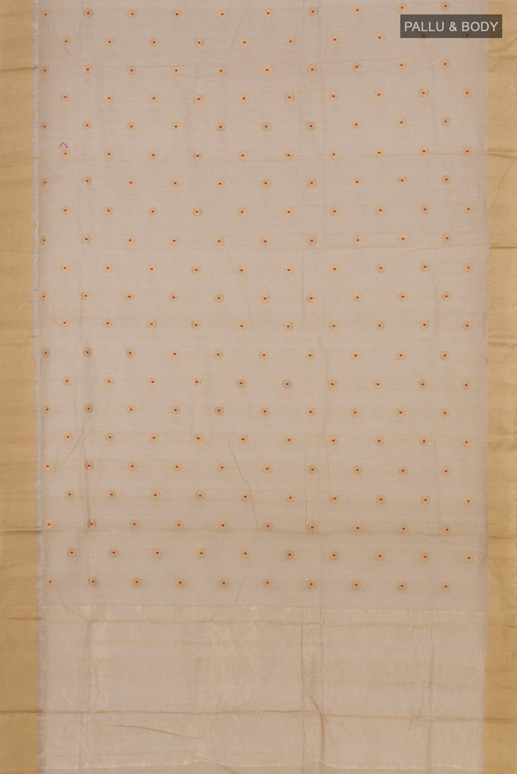 Flat view of Beige Chanderi Silk Cotton Saree with Zari Butta on the body and Zari Border. 