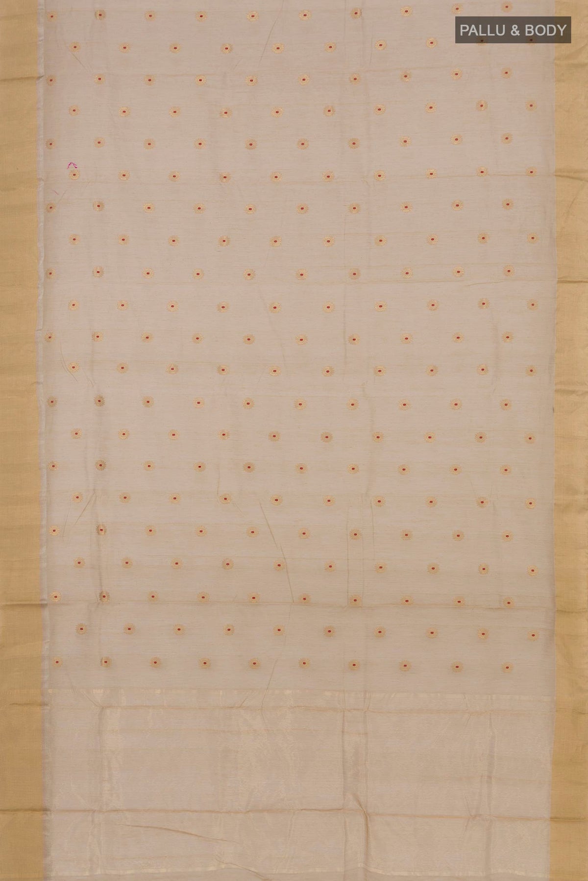 Flat view of Beige Chanderi Silk Cotton Saree with Zari Butta on the body and Zari Border. 