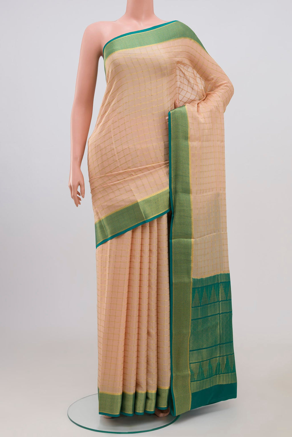Cream Mysore Crepe Saree with Checked design on the body and Zari Border.  displayed on a mannequin