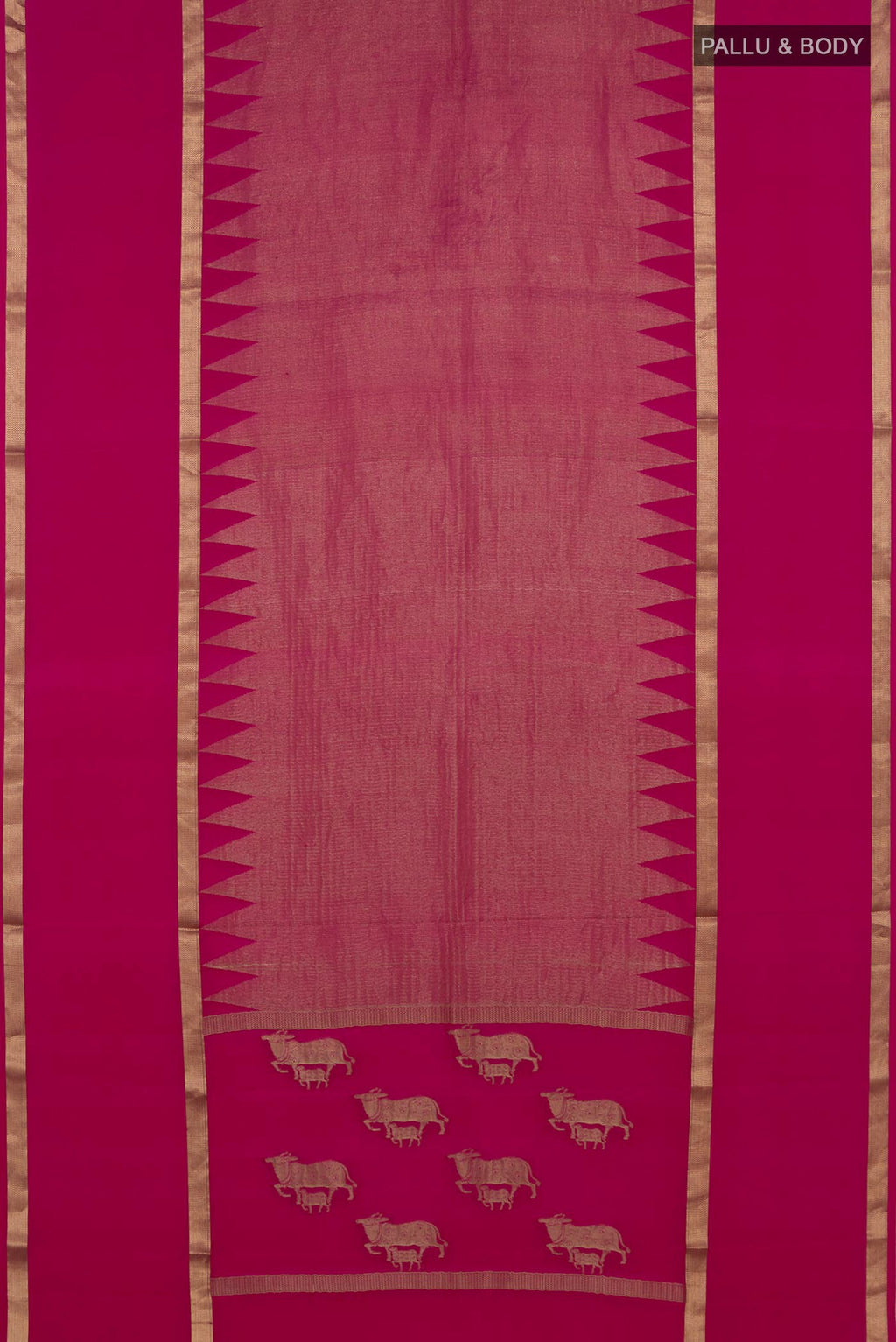 Flat view of Pink Mysore Crepe Saree with Zari Brocade on the body and Zari Border. 
