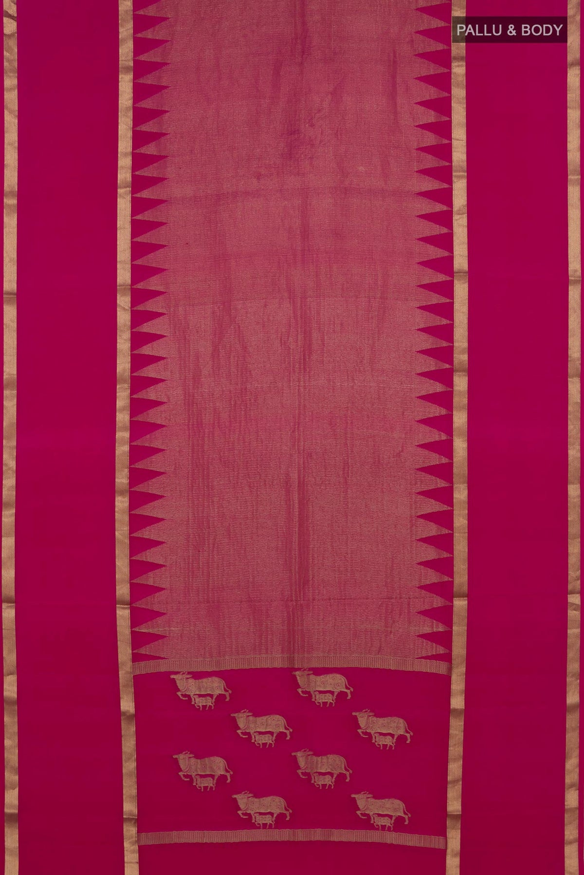 Flat view of Pink Mysore Crepe Saree with Zari Brocade on the body and Zari Border. 