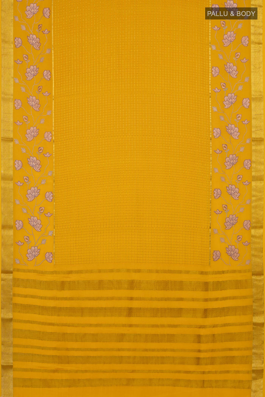Flat view of Yellow Crepe Saree with Checked design on the body and Zari Border. 