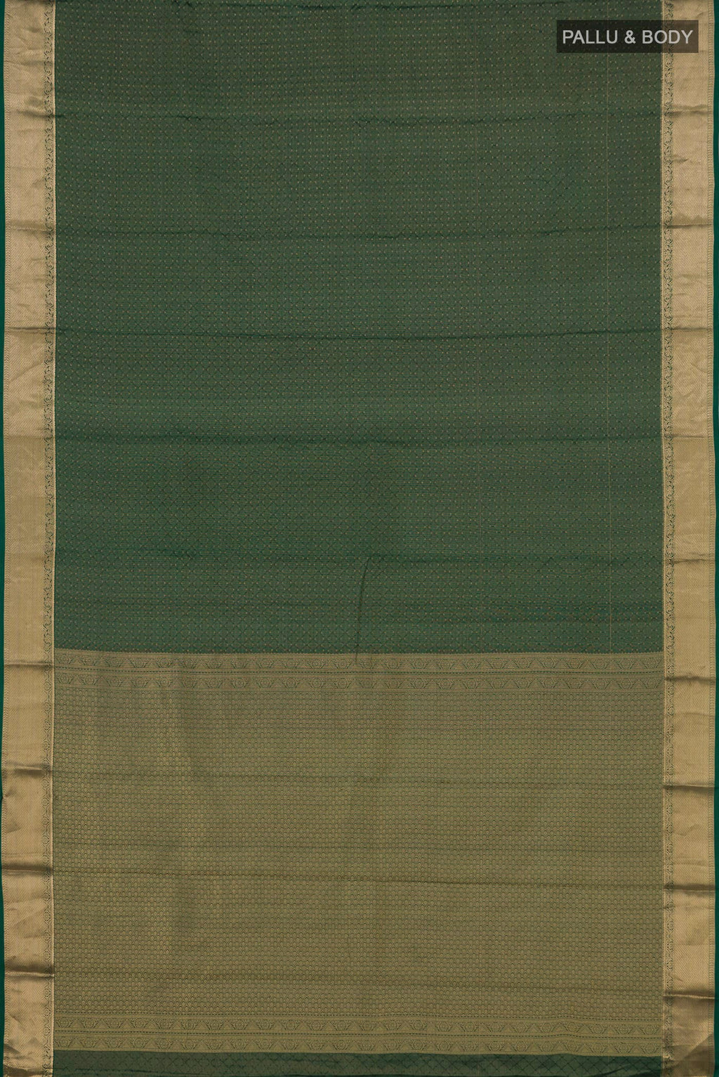 Flat view of Green Kanjivaram Saree with Zari Butta on the body and Zari Border. 