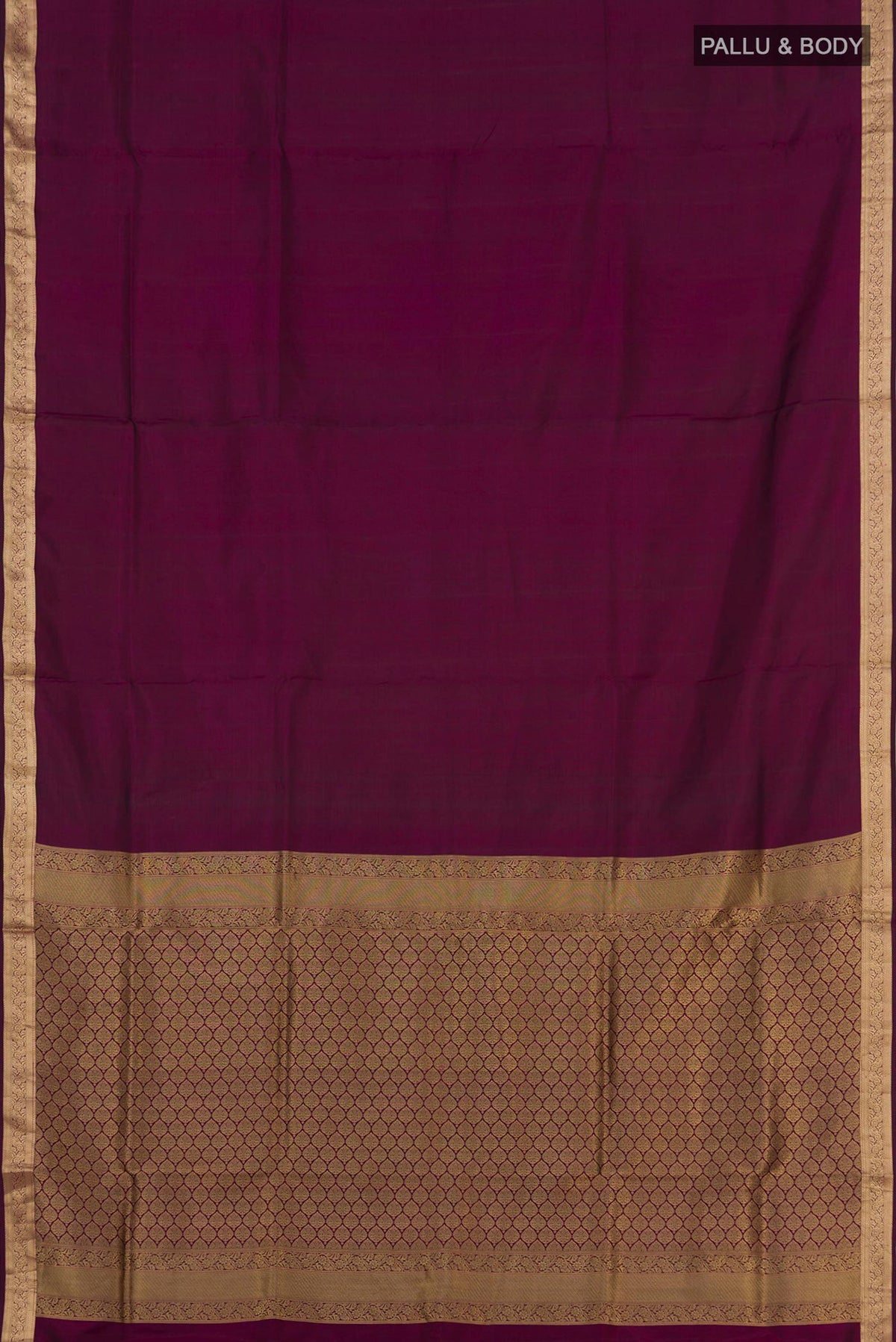 Flat view of Purple Soft Silk Saree with Plain Body and Zari Border. 
