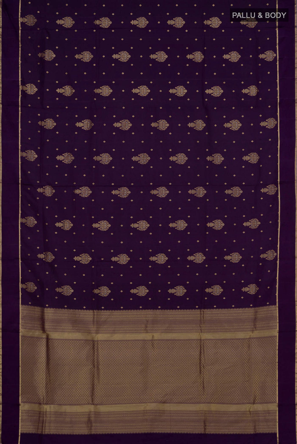 Flat view of Purple Soft Silk Saree with Zari Butta on the body and Thin Zari Line. 