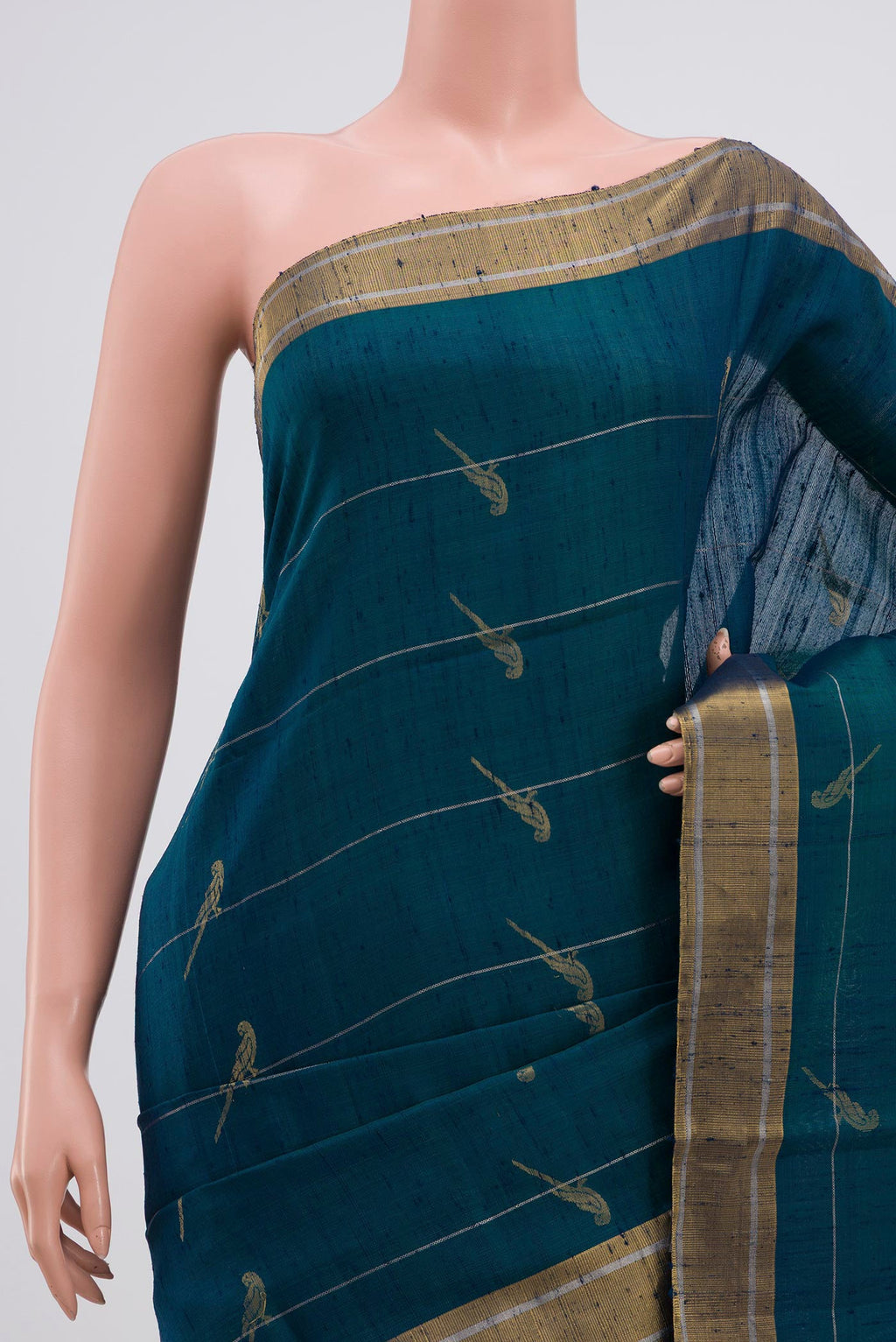 Border image of Peacock Blue Soft Silk Saree with Zari Butta on the body and Zari Border. 