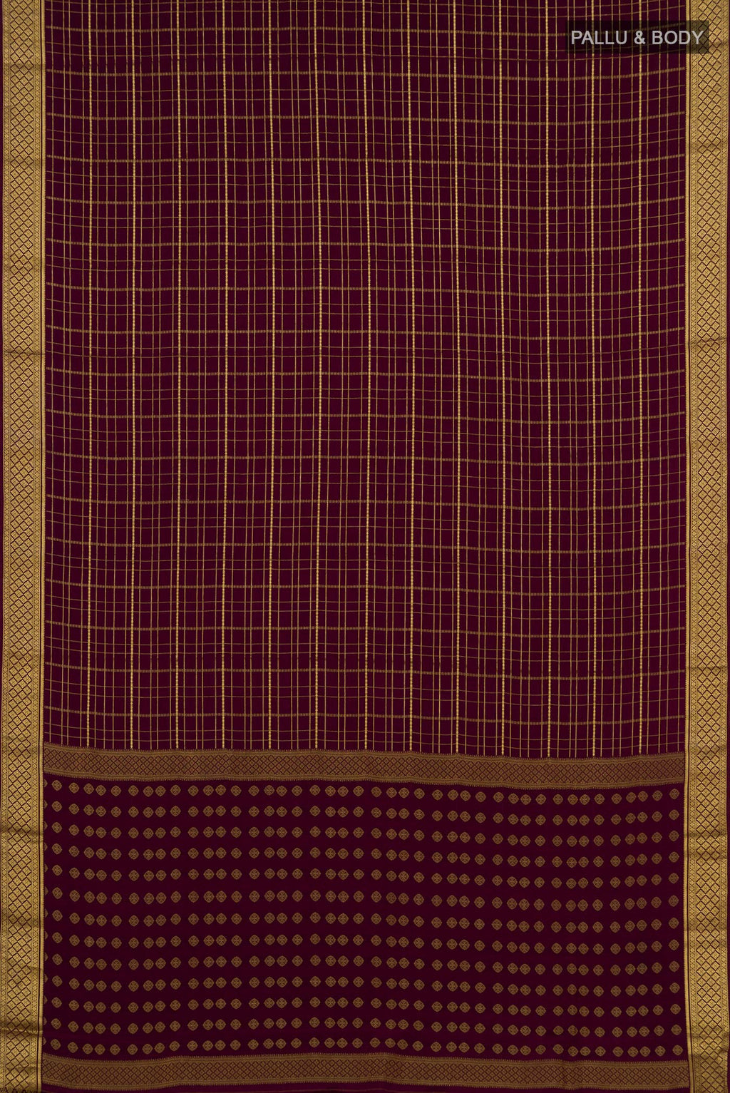 Flat view of Purple Mysore Crepe Saree with Checked design on the body and Zari Border. 