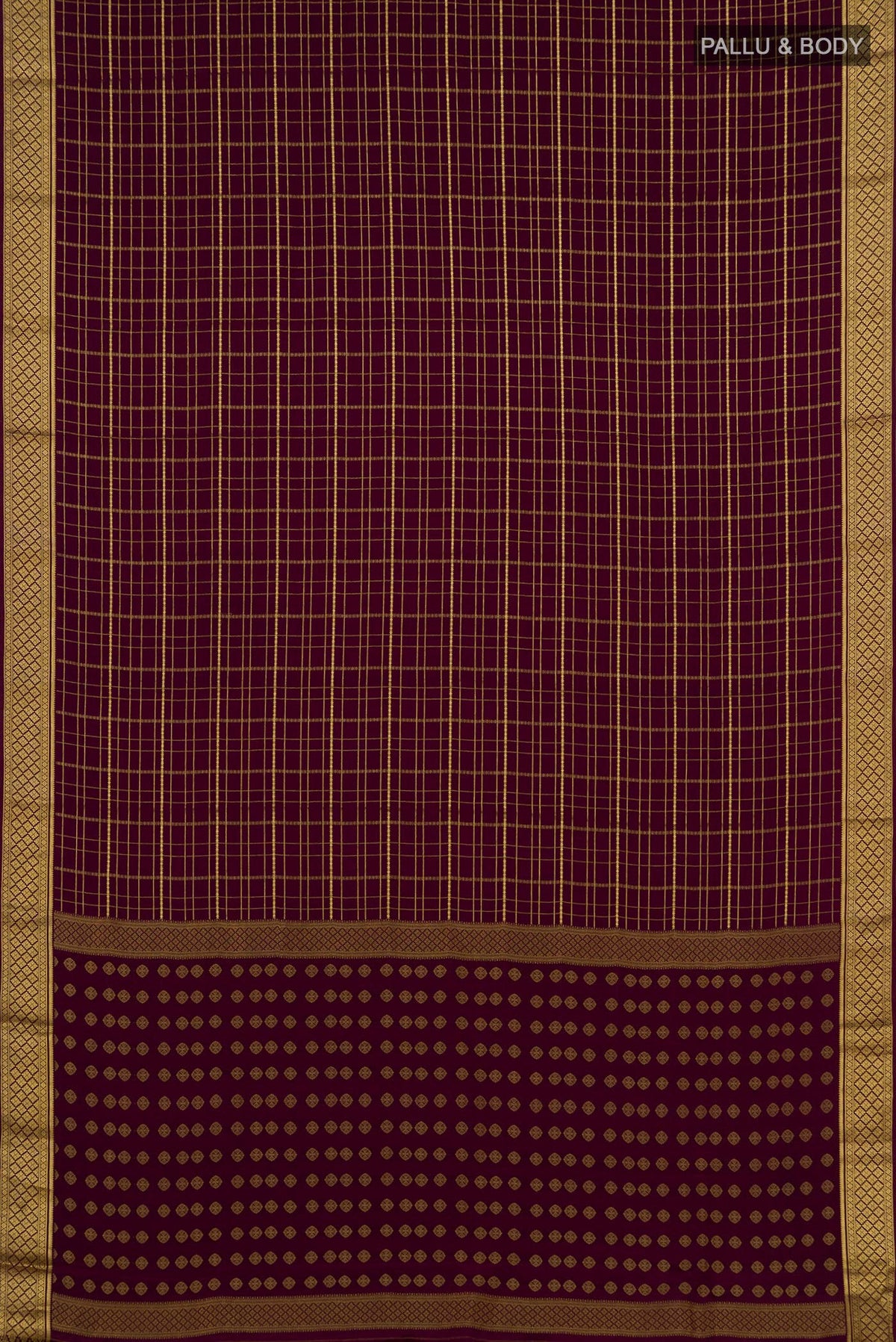Flat view of Purple Mysore Crepe Saree with Checked design on the body and Zari Border. 