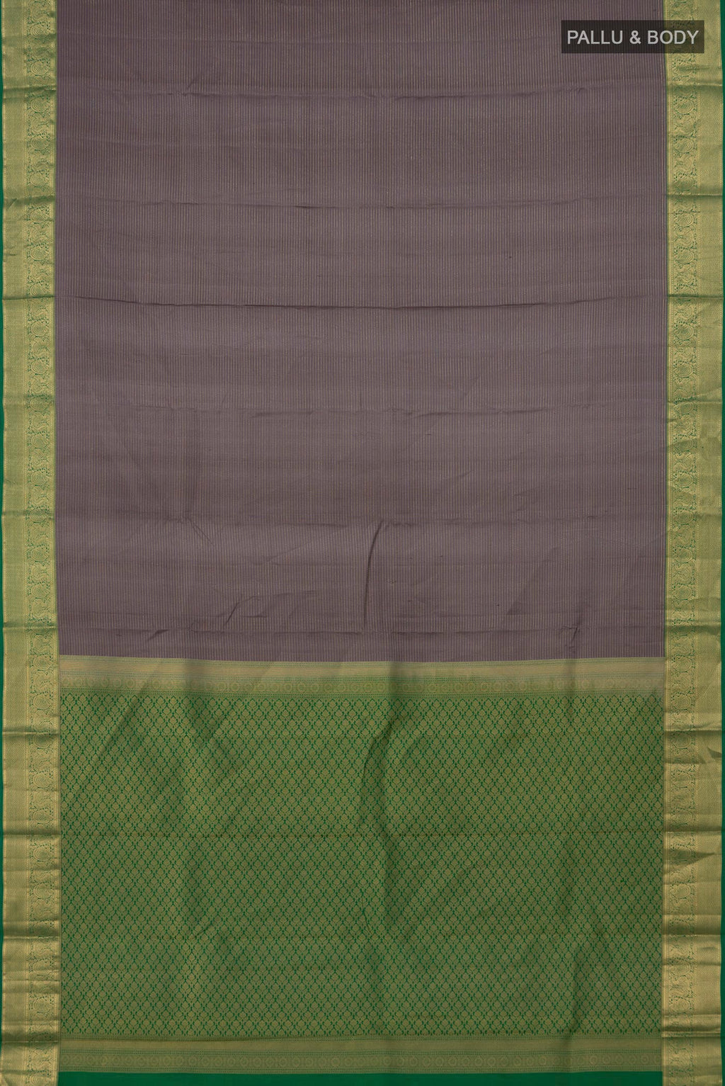 Flat view of Grey Kanchipuram Saree with Stripes on the body and Zari Border. 