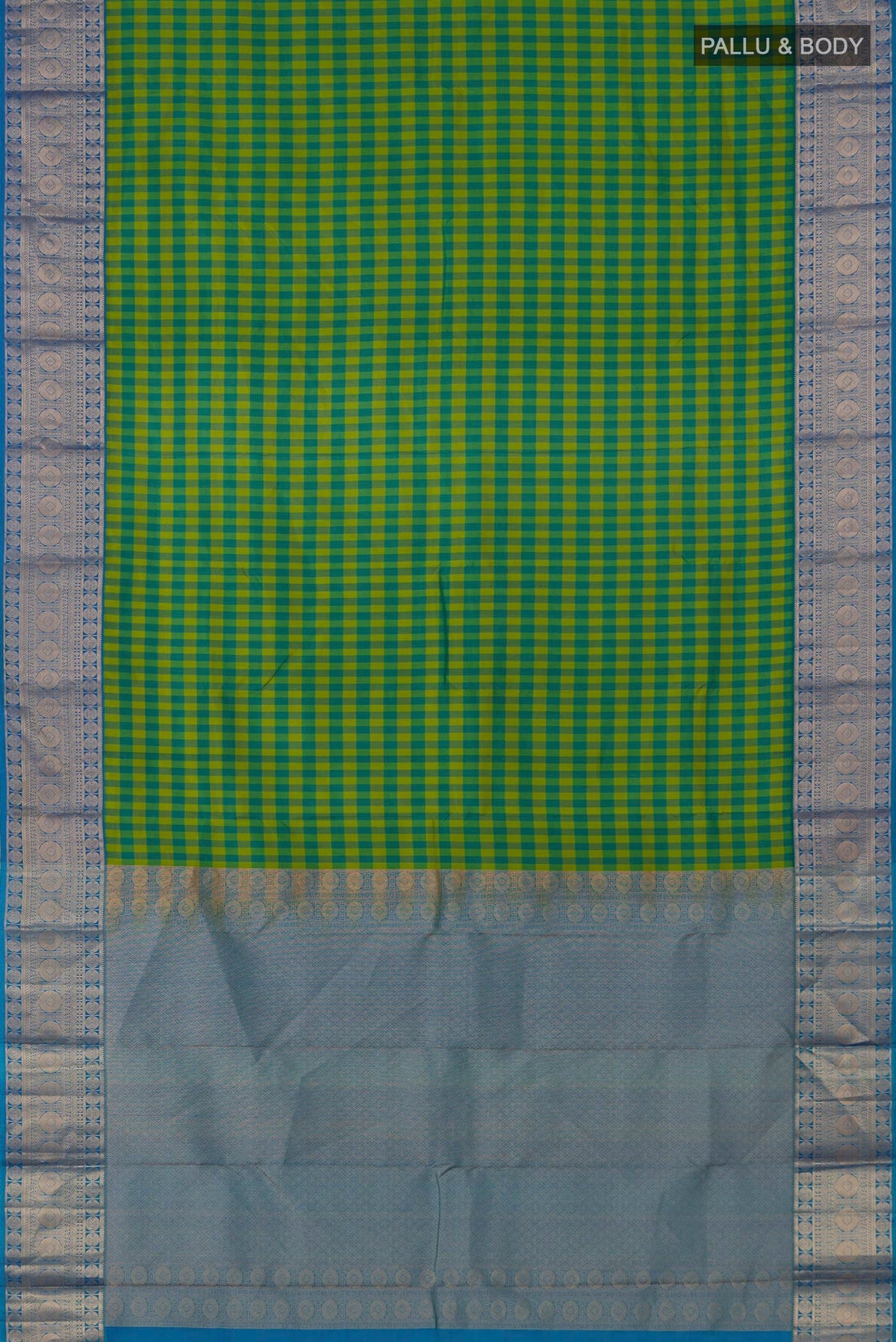Flat view of Multi Color Kanchipuram Saree with Checked design on the body and Zari Border. 