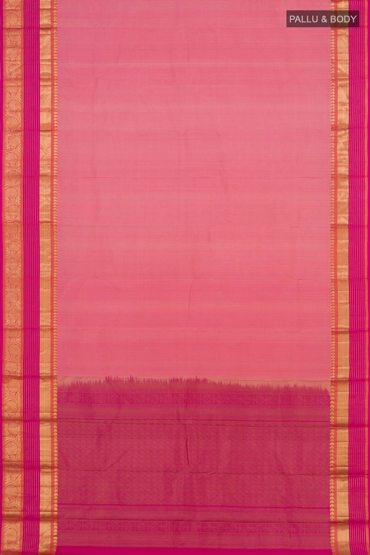Flat view of Pink Kanjivaram Saree with Stripes on the body and Zari Border. 