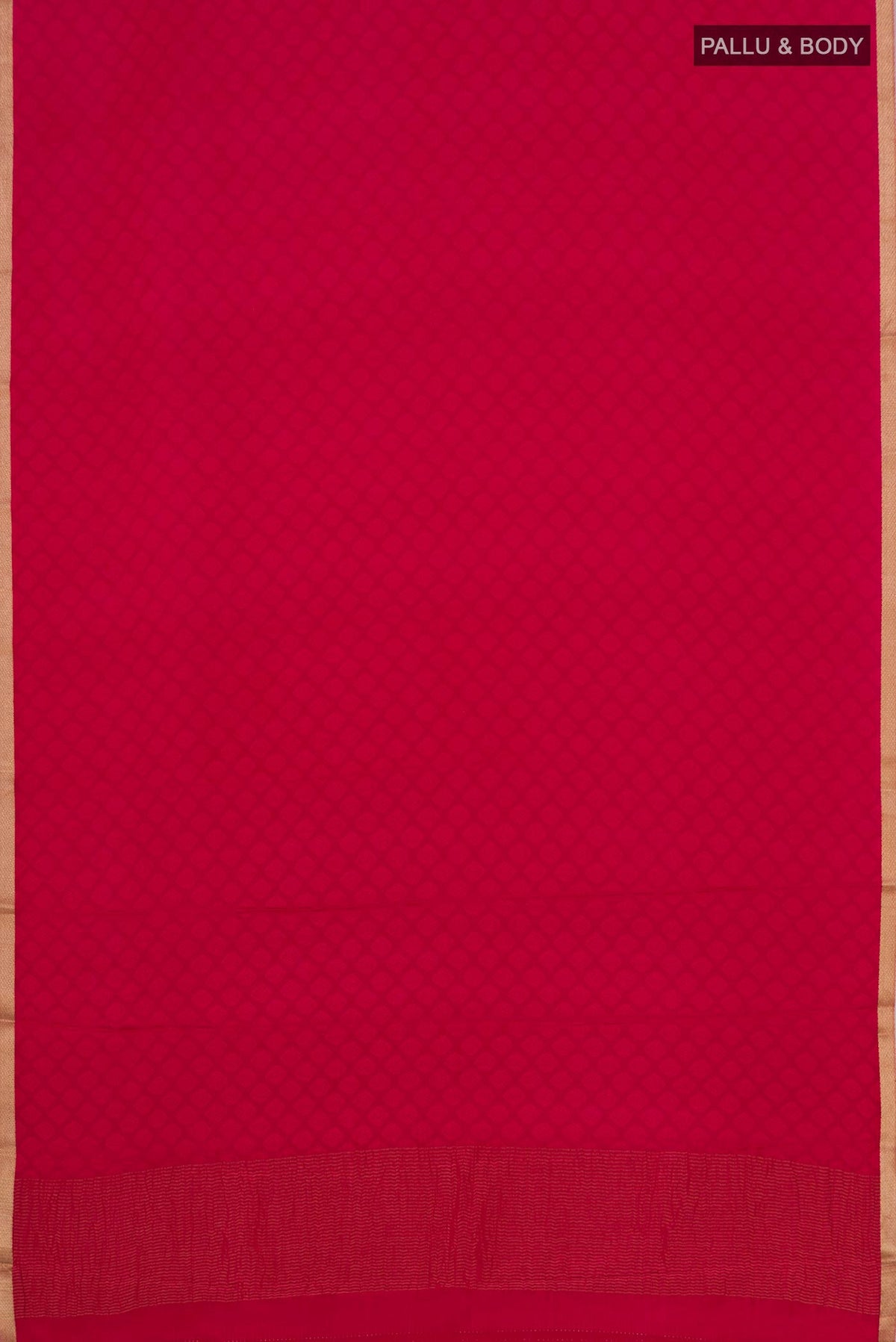 Flat view of Pink Crepe Saree with Jacquard design on the body and Zari Border. 