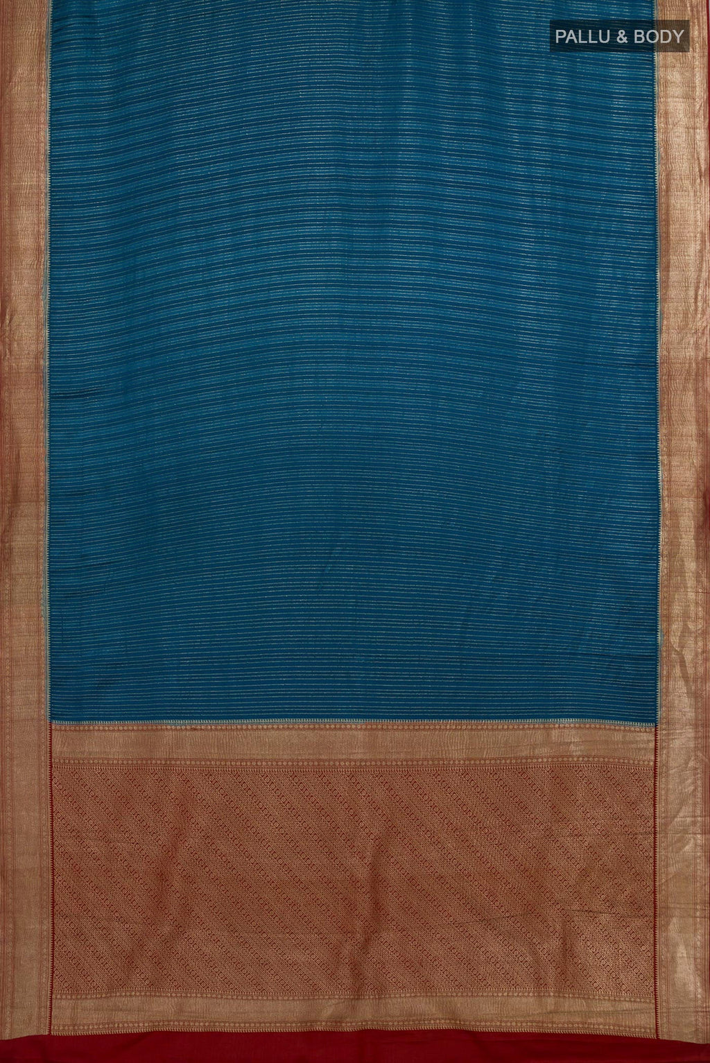 Flat view of Blue Mysore Crepe Saree with Stripes on the body and Zari Border. 