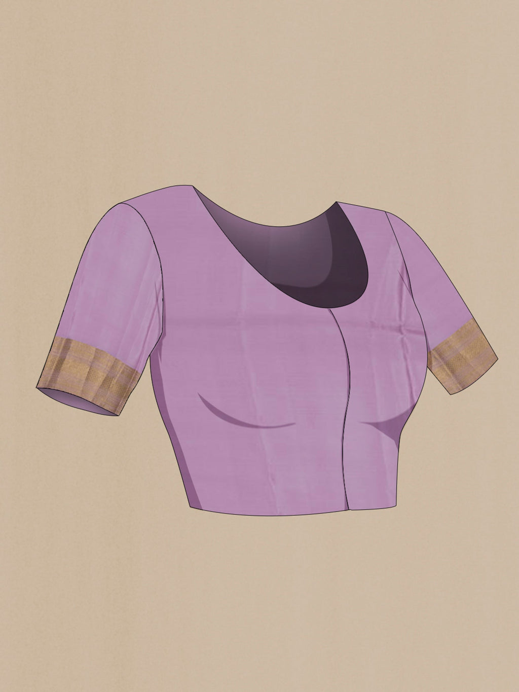 Close up image of the blouse of Lavender Mysore Crepe Saree with Stripes on the body and Zari Border. 