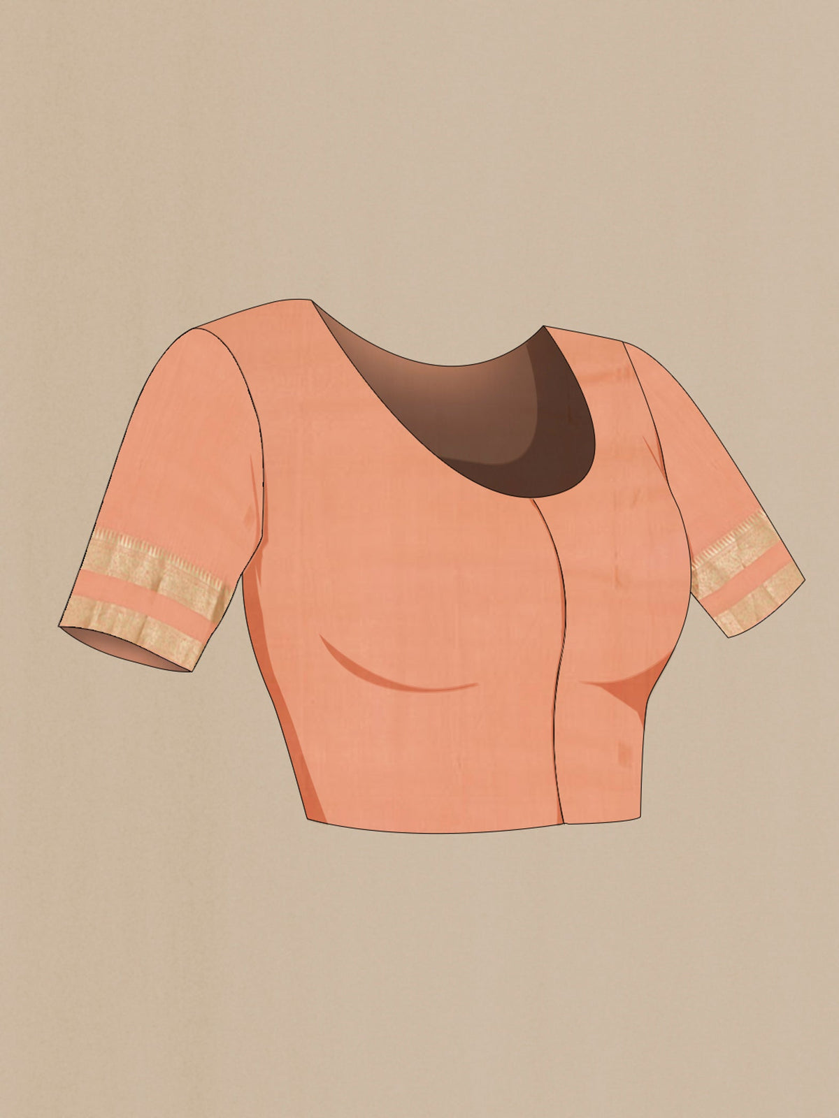 Close up image of the blouse of Peach Mysore Crepe Saree with Jacquard With Zari Butta on the body and Zari Border. 