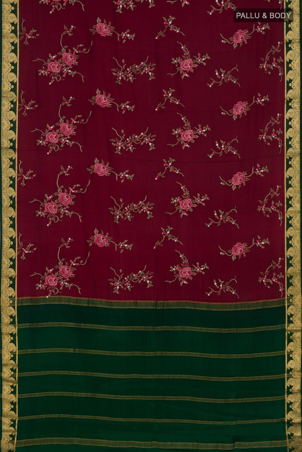 Flat view of Maroon Mysore Crepe Saree with Fancy on the body and Zari Border. 