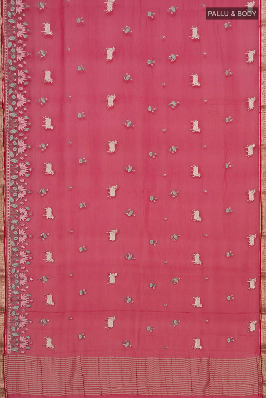 Flat view of Red Chiffon Saree with Fancy on the body and Zari Border. 