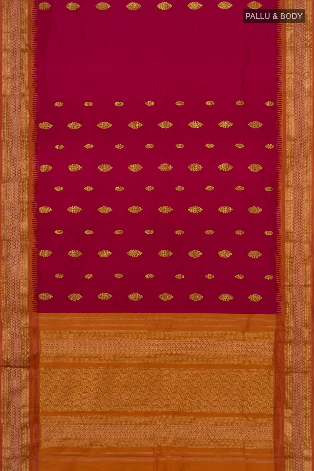 Flat view of Maroon Blended Bangalore Silk Saree with Zari Butta on the body and Zari Border. 