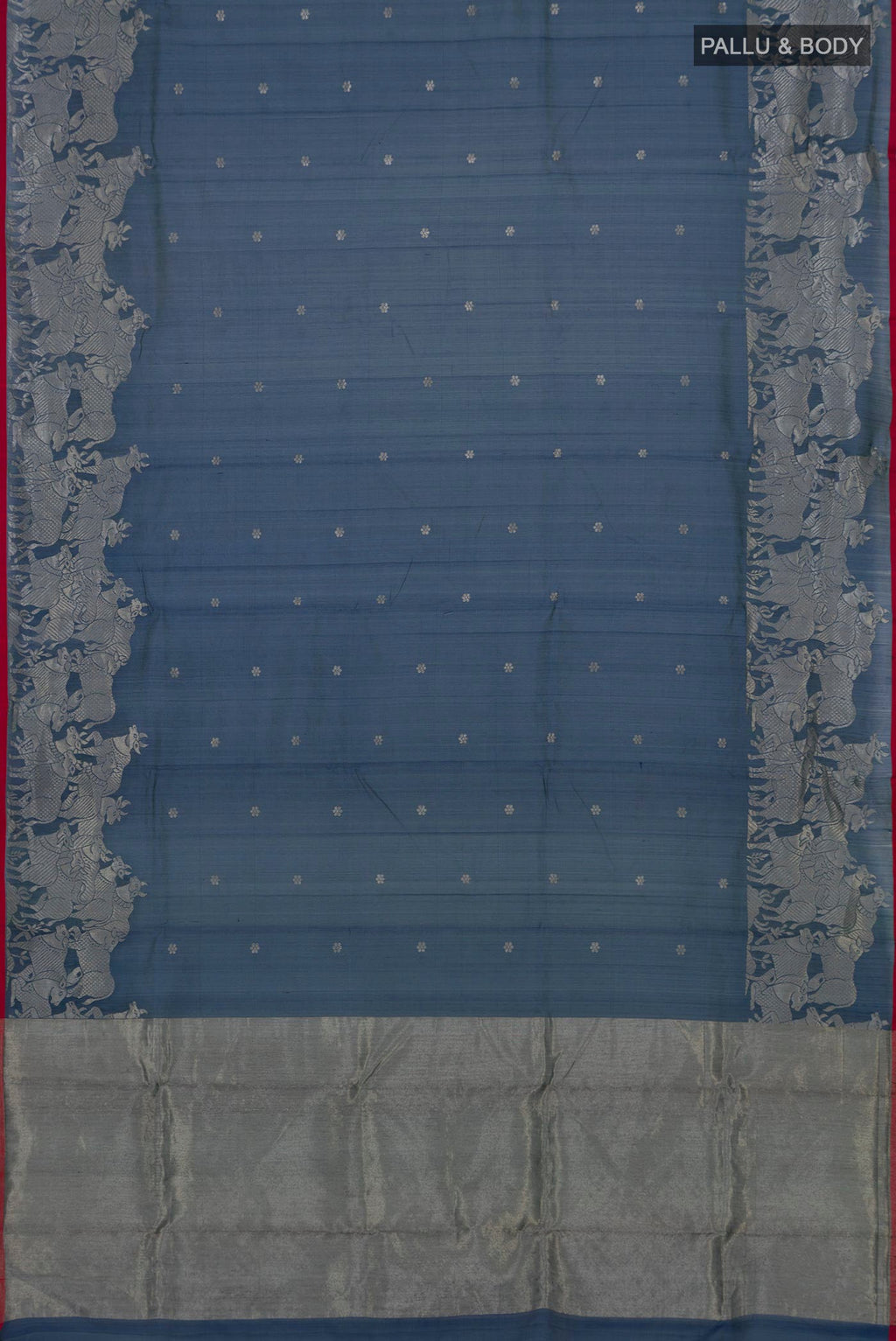 Flat view of Navy Blue Chanderi Silk Cotton Saree with Zari Butta on the body and Fancy Border. 