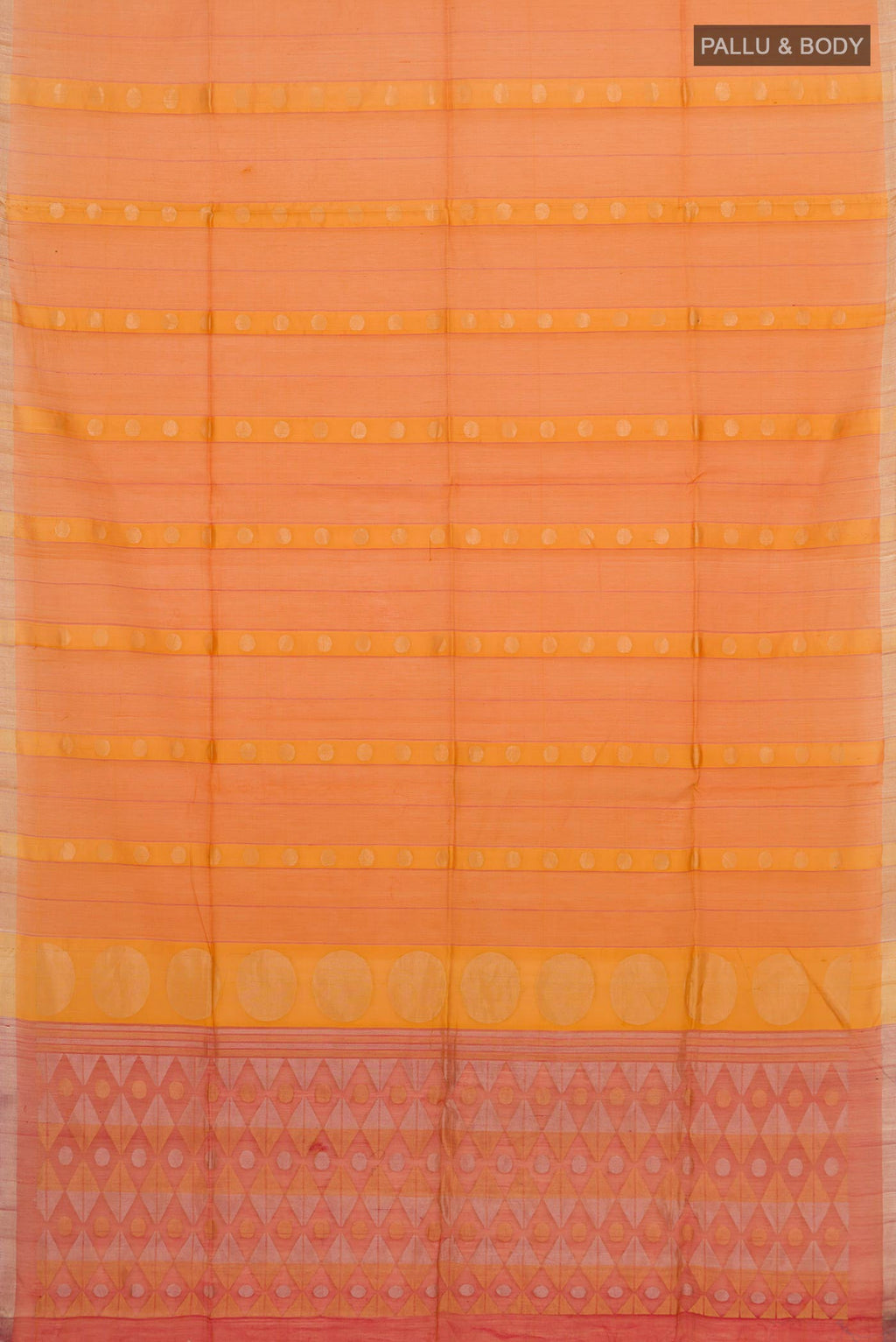 Flat view of Orange Silk Cotton Saree with Zari Butta on the body and Thin Zari Line. 