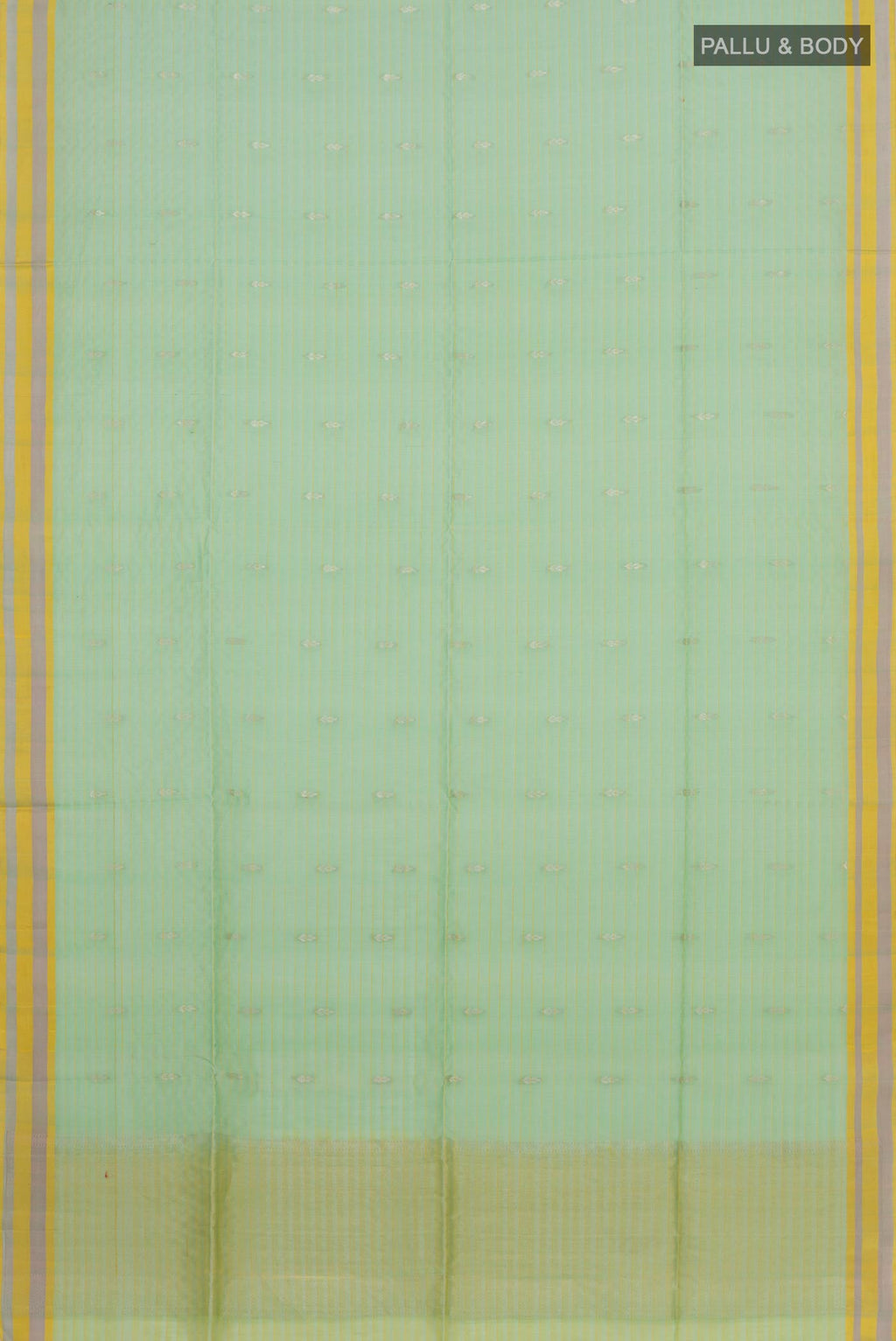 Flat view of Light Green Coimbatore Silk Cotton Saree with Zari Butta on the body and Thread Border. 
