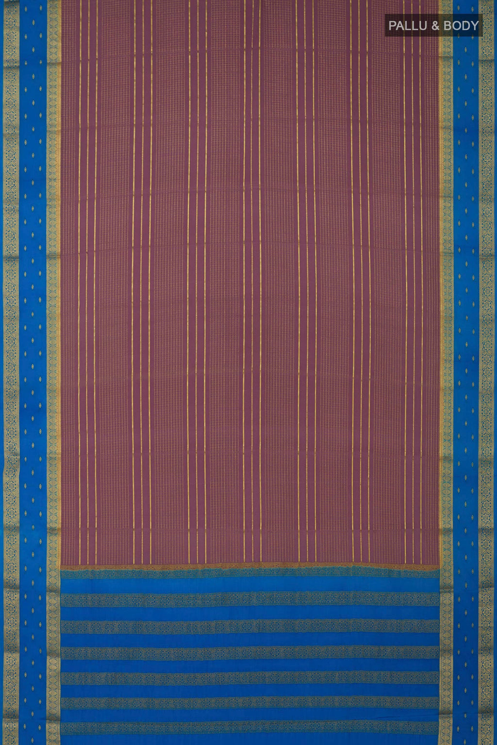 Flat view of Lavender Crepe Saree with Checked design on the body and Zari Border. 