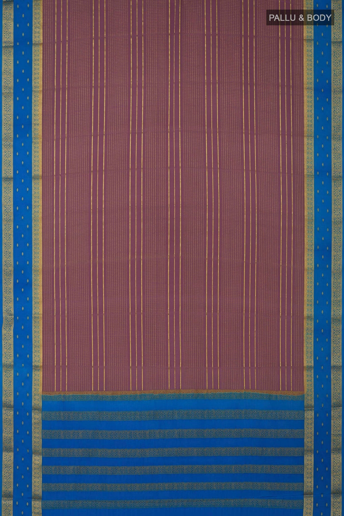 Flat view of Lavender Crepe Saree with Checked design on the body and Zari Border. 