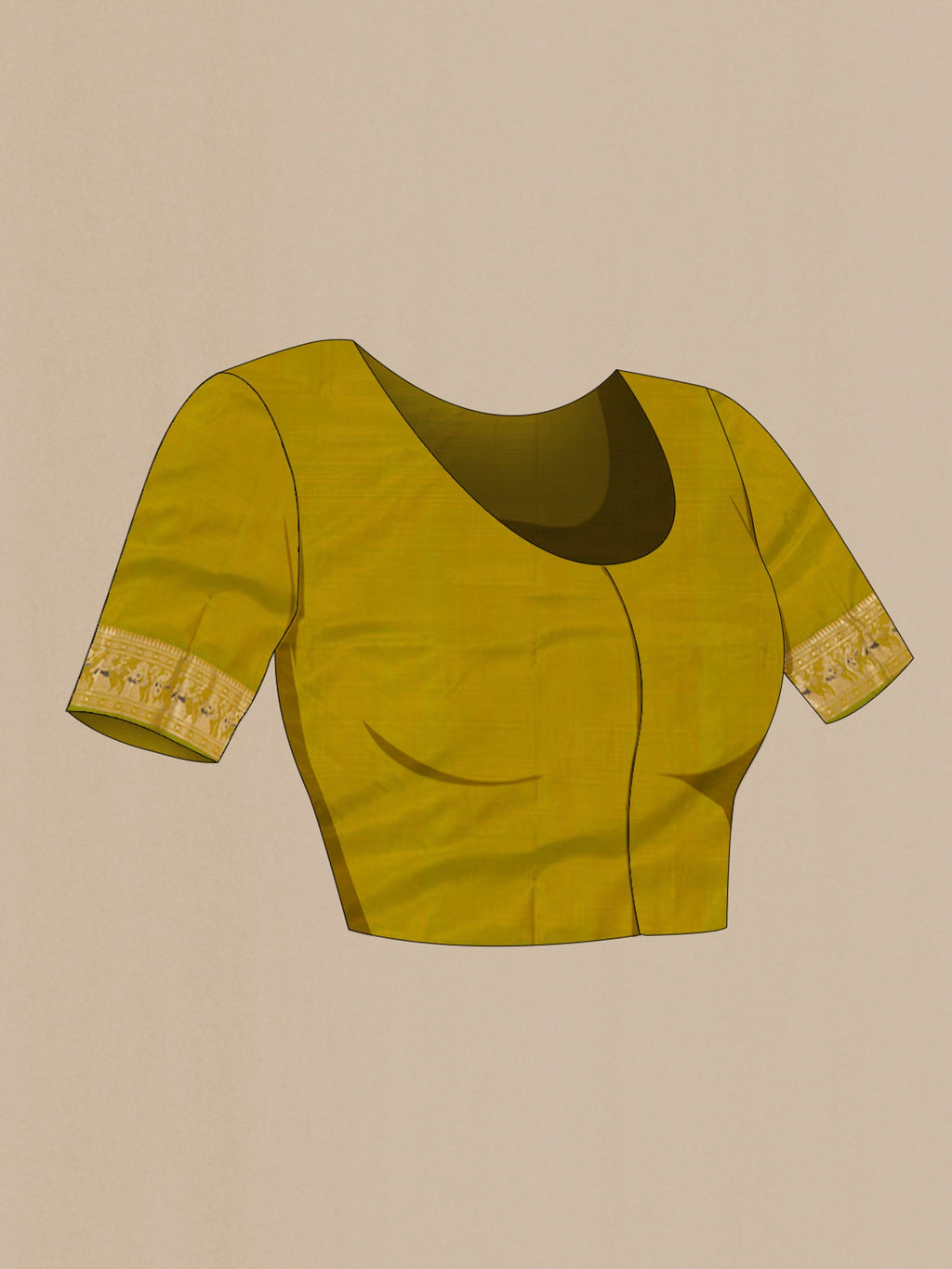 Close up image of the blouse of Green Baluchari Silk Saree with Zari Butta on the body and Zari Border. 