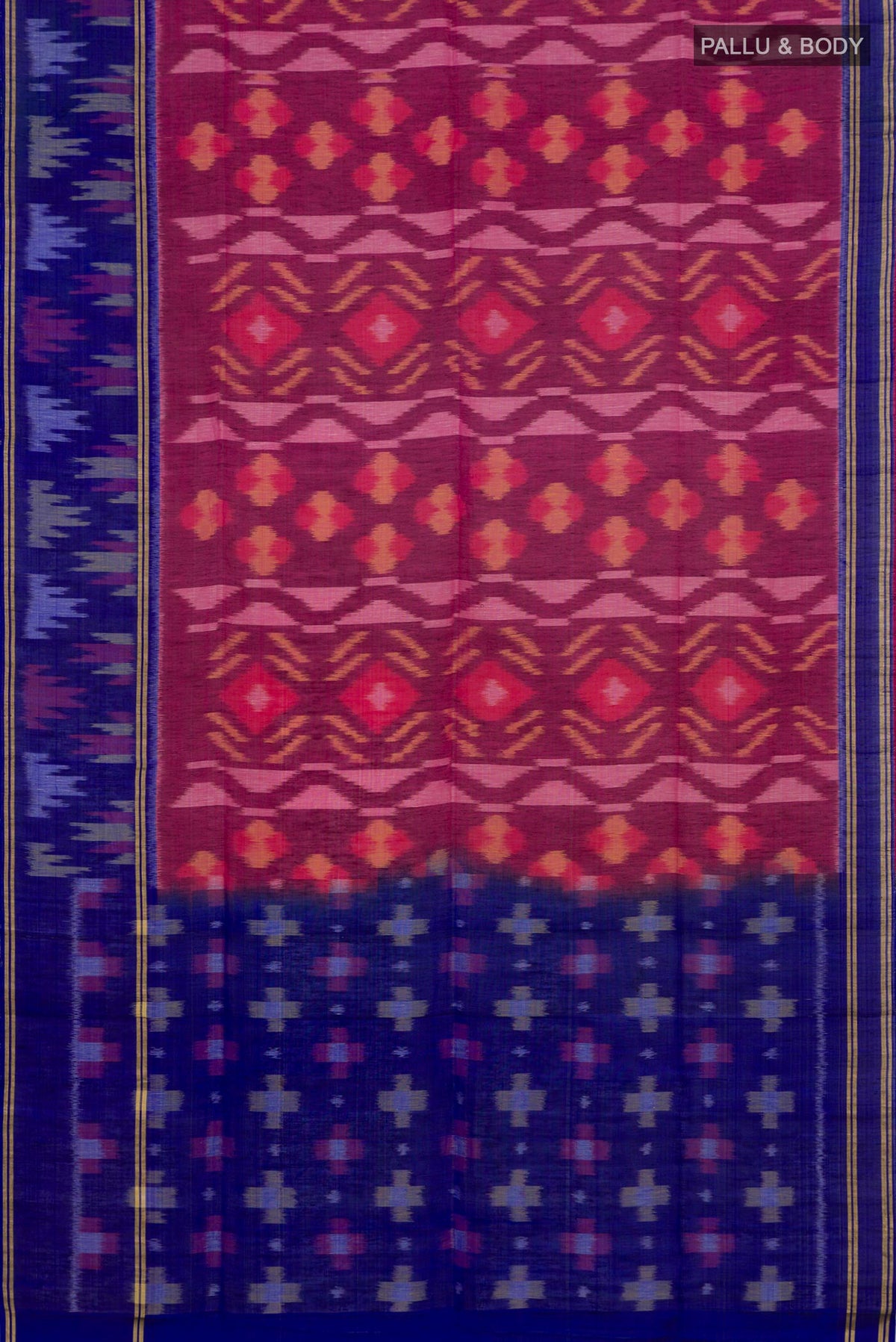 Flat view of Purple Soft Silk Saree with Ikat Print on the body and Ikat Border. 