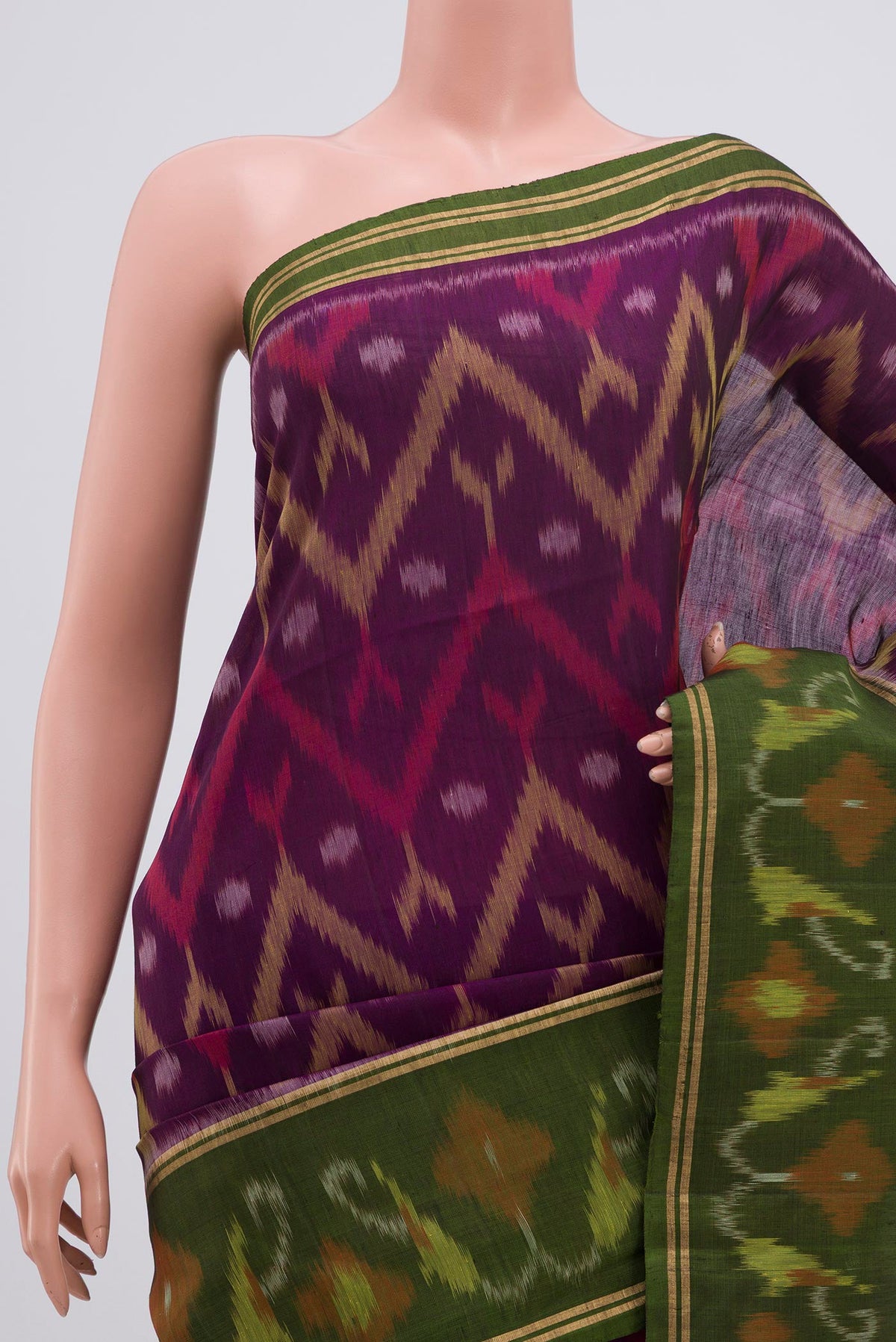 Border image of Purple Soft Silk Saree with Ikat Print on the body and Ikat Border. 