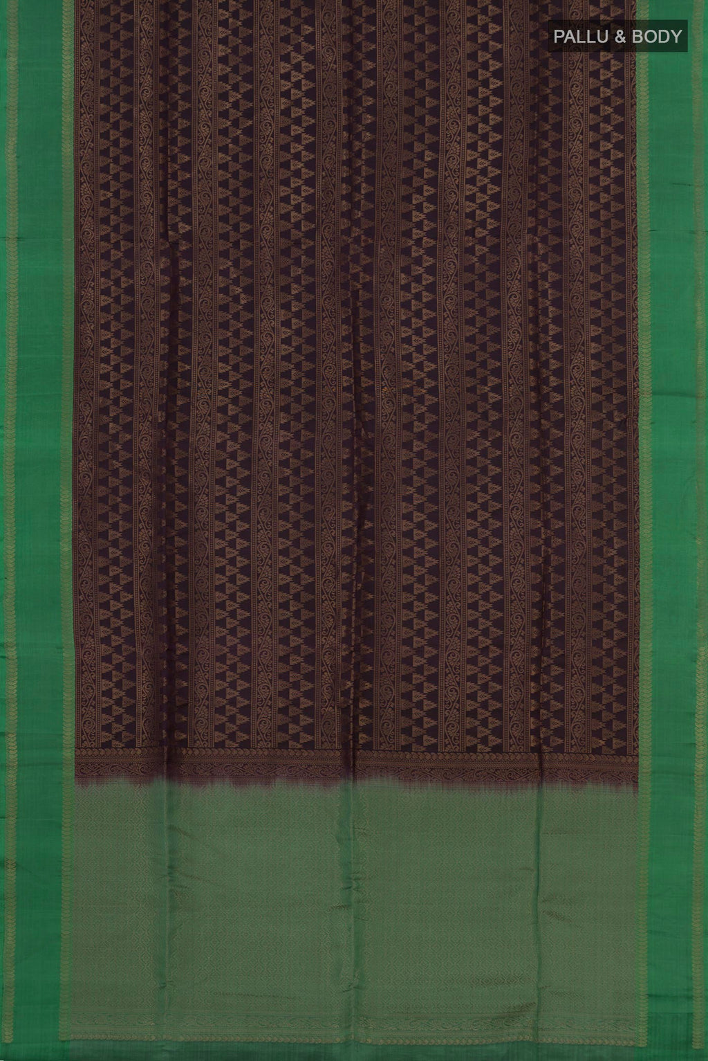 Flat view of Brown Soft Silk Saree with Zari Brocade on the body and Thin Zari Line. 
