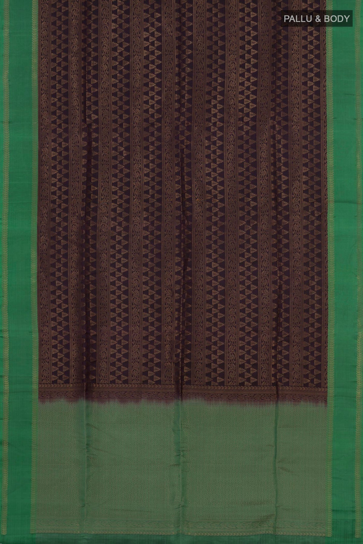 Flat view of Brown Soft Silk Saree with Zari Brocade on the body and Thin Zari Line. 