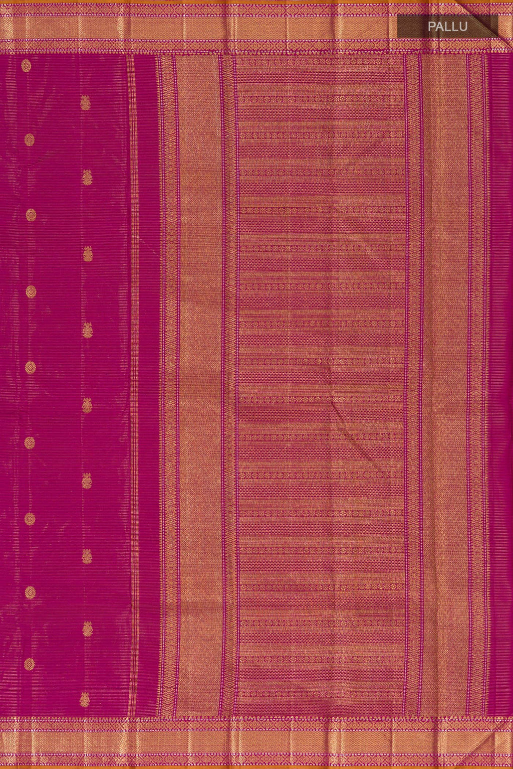 Close up image of the pallu of Magenta Kanjivaram Silk Saree with Zari Butta on the body and Zari Border. 