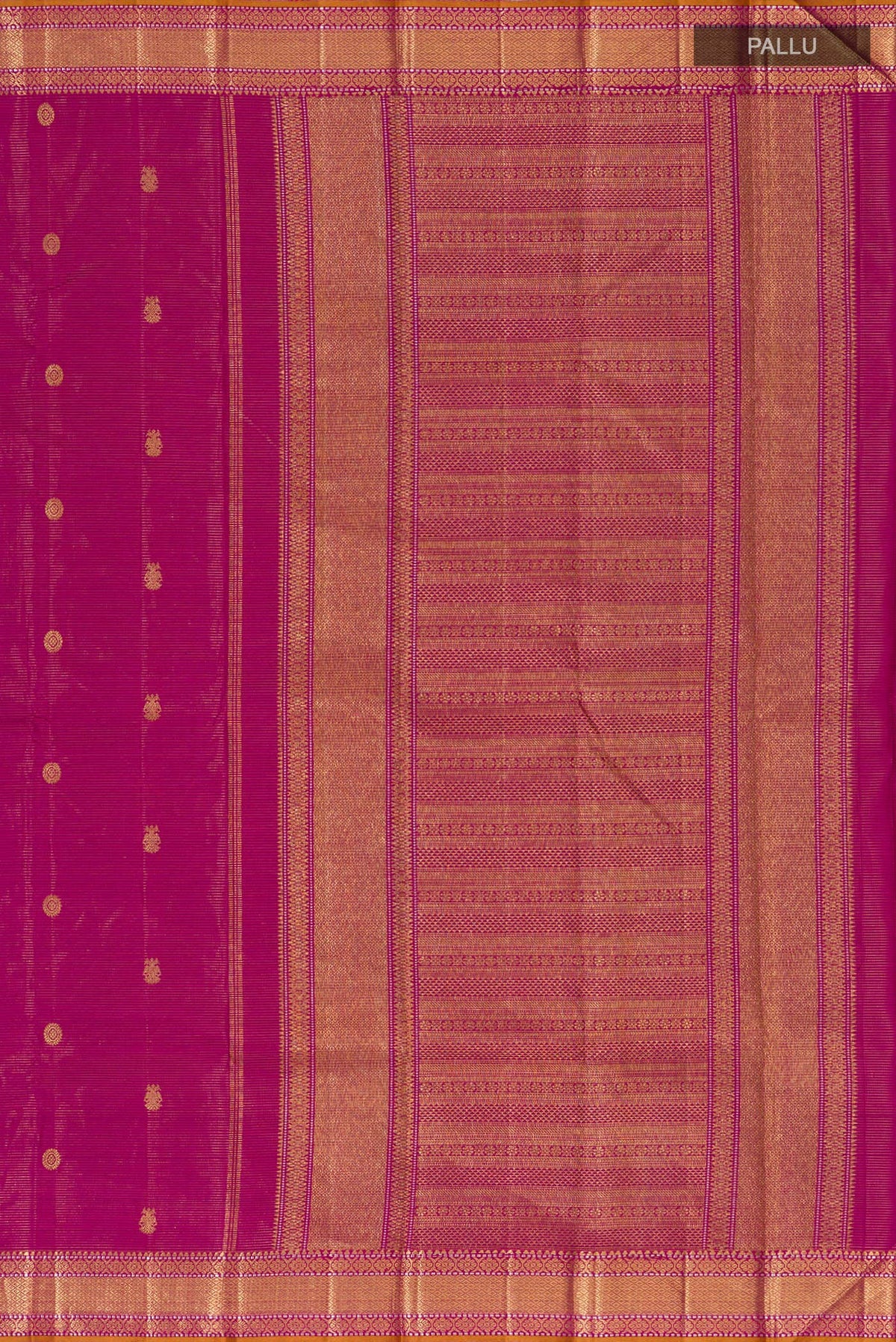 Close up image of the pallu of Magenta Kanjivaram Silk Saree with Zari Butta on the body and Zari Border. 