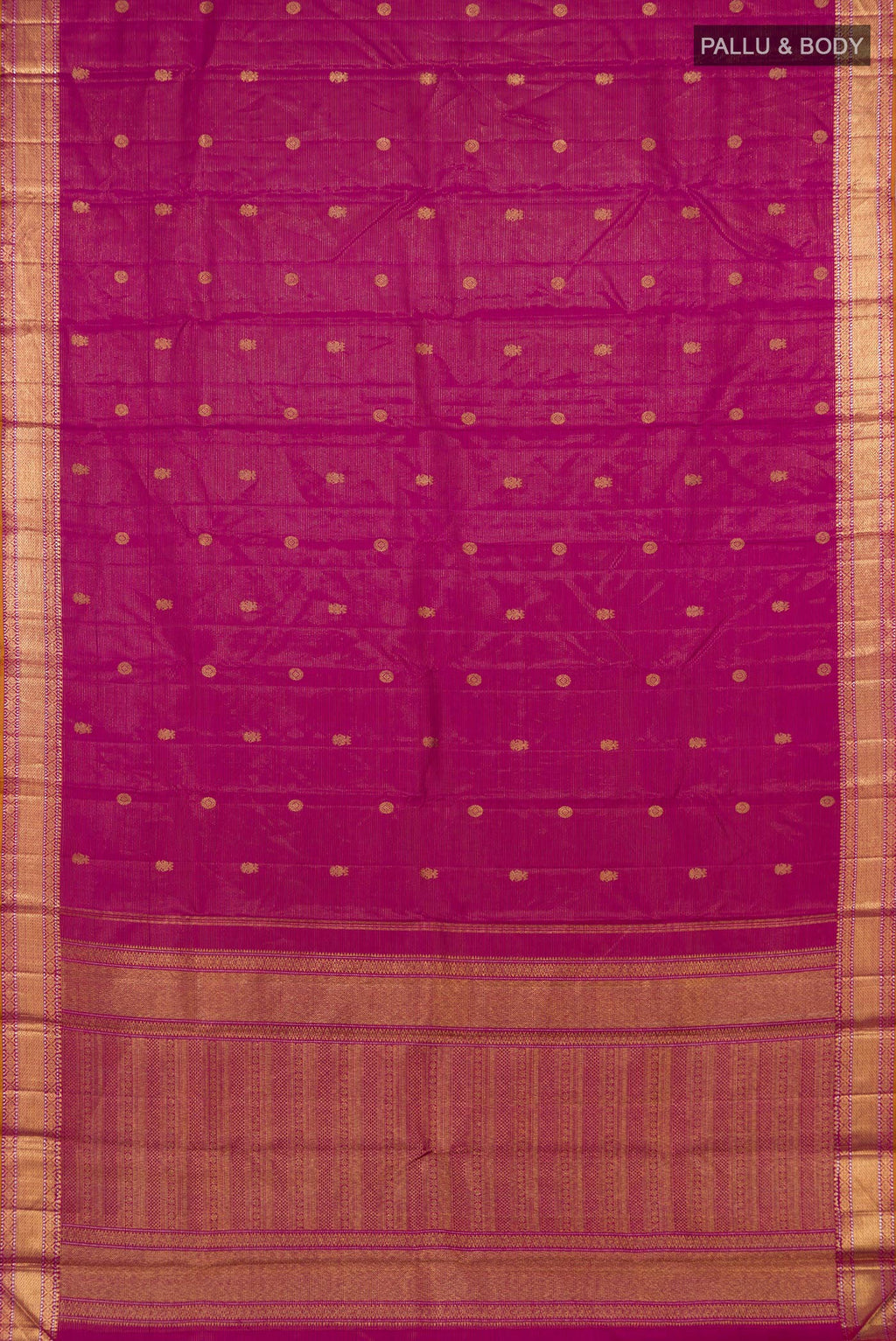 Flat view of Magenta Kanjivaram Silk Saree with Zari Butta on the body and Zari Border. 