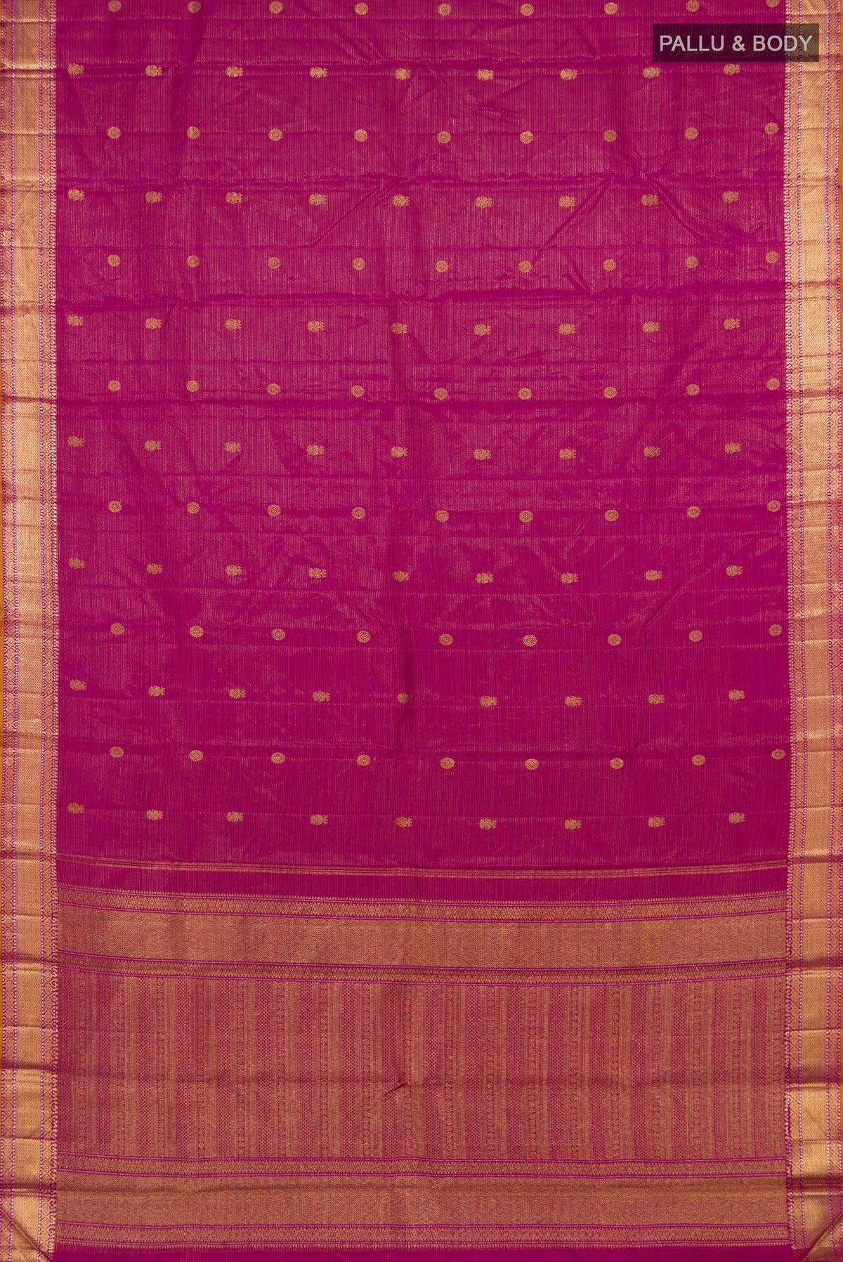 Flat view of Magenta Kanjivaram Silk Saree with Zari Butta on the body and Zari Border. 