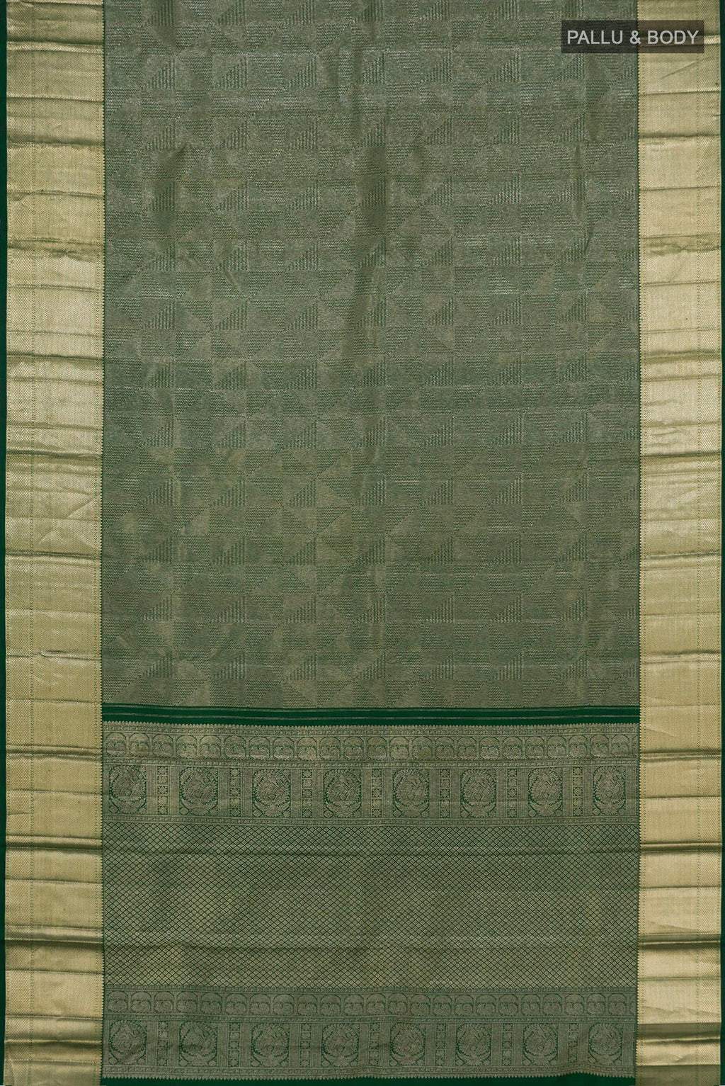 Flat view of Green Kanchipuram Saree with Zari Brocade on the body and Zari Border. 
