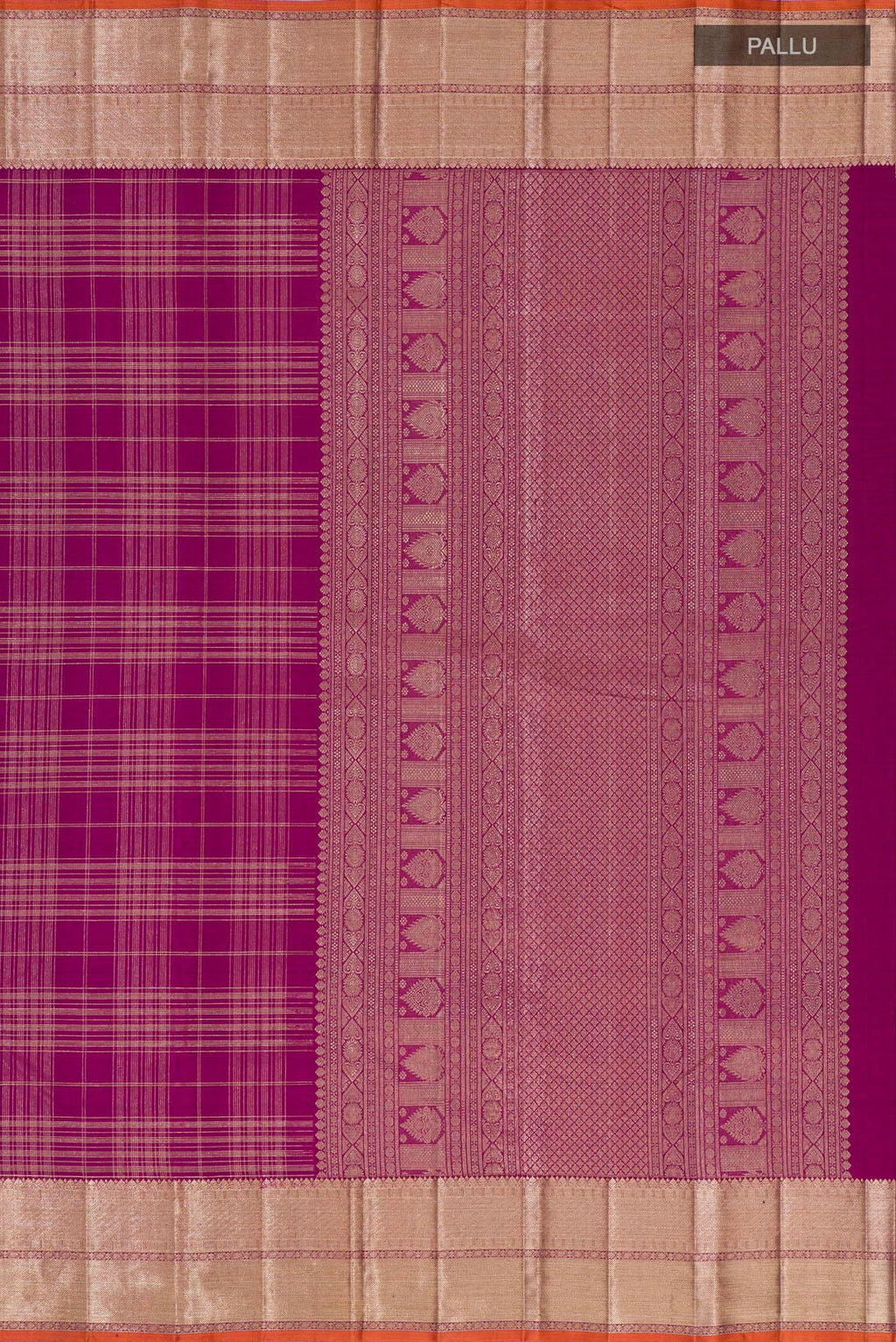 Close up image of the pallu of Purple Kanchipuram Silk Saree with Checked design on the body and Zari Border. 